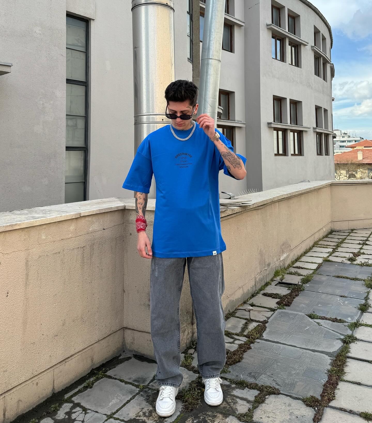 HRDSN New York  Baskılı Yüksek Kalite  Oversize Premium Mavi T-shirt