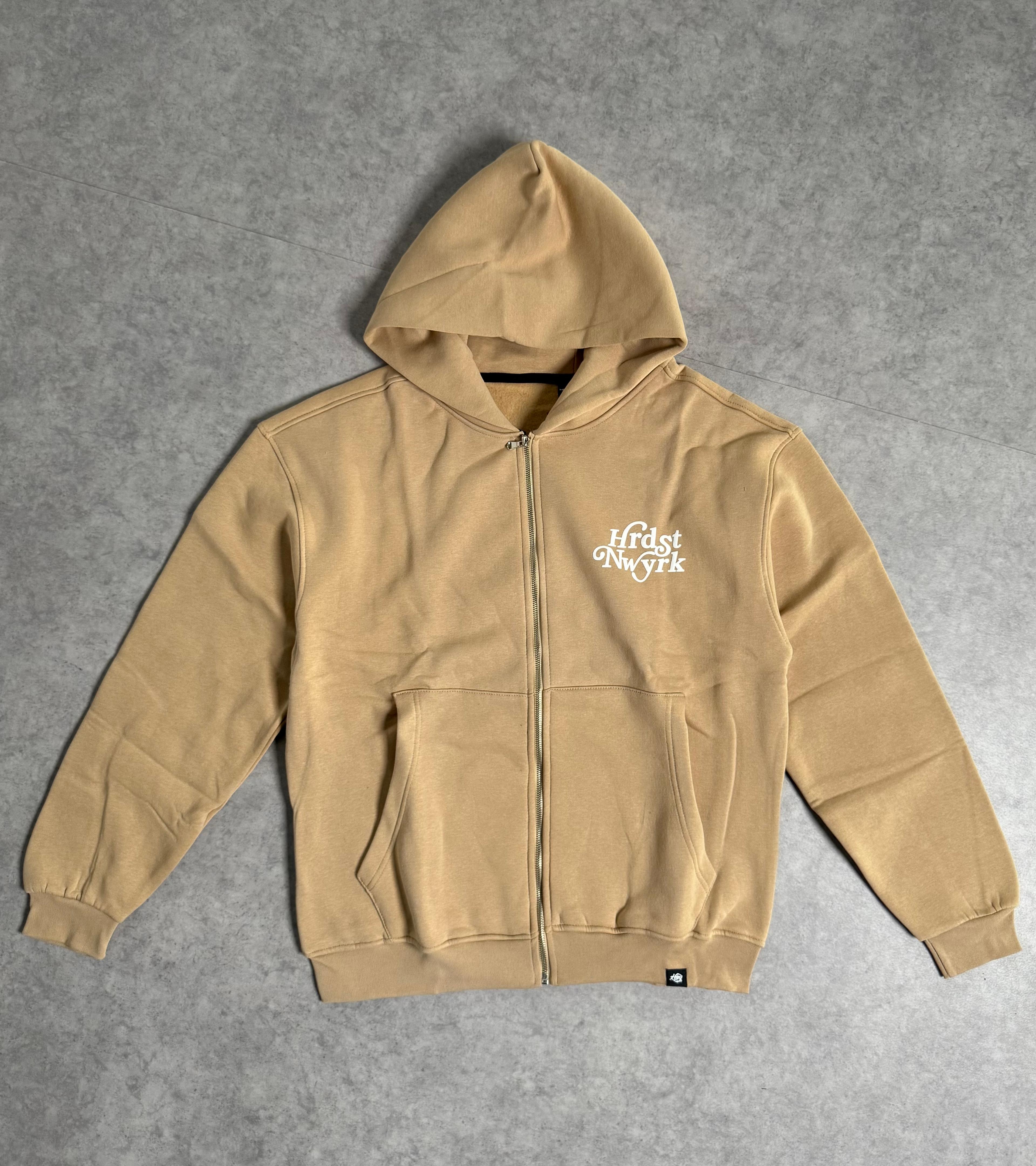 HRDST NWYRK Baskılı Oversize Zipp Hoodie - bej