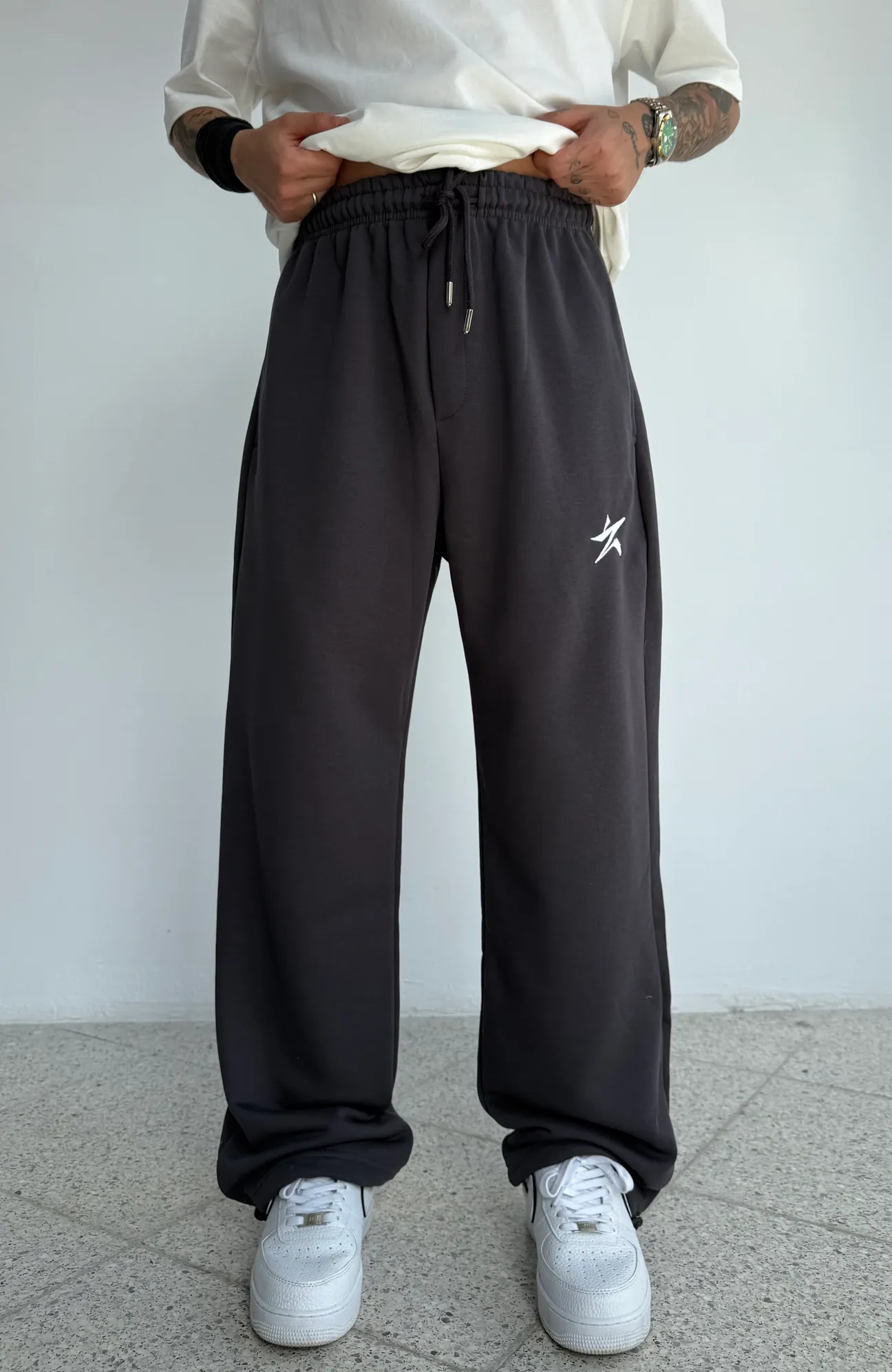 Kışlık STAR Nakışlı Ayarlanabilir Paça Baggy Eşofman Altı - Füme