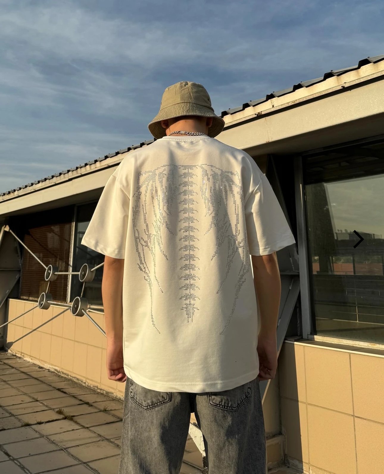 Taşlı Kanatlı Oversize Tişört - Beyaz