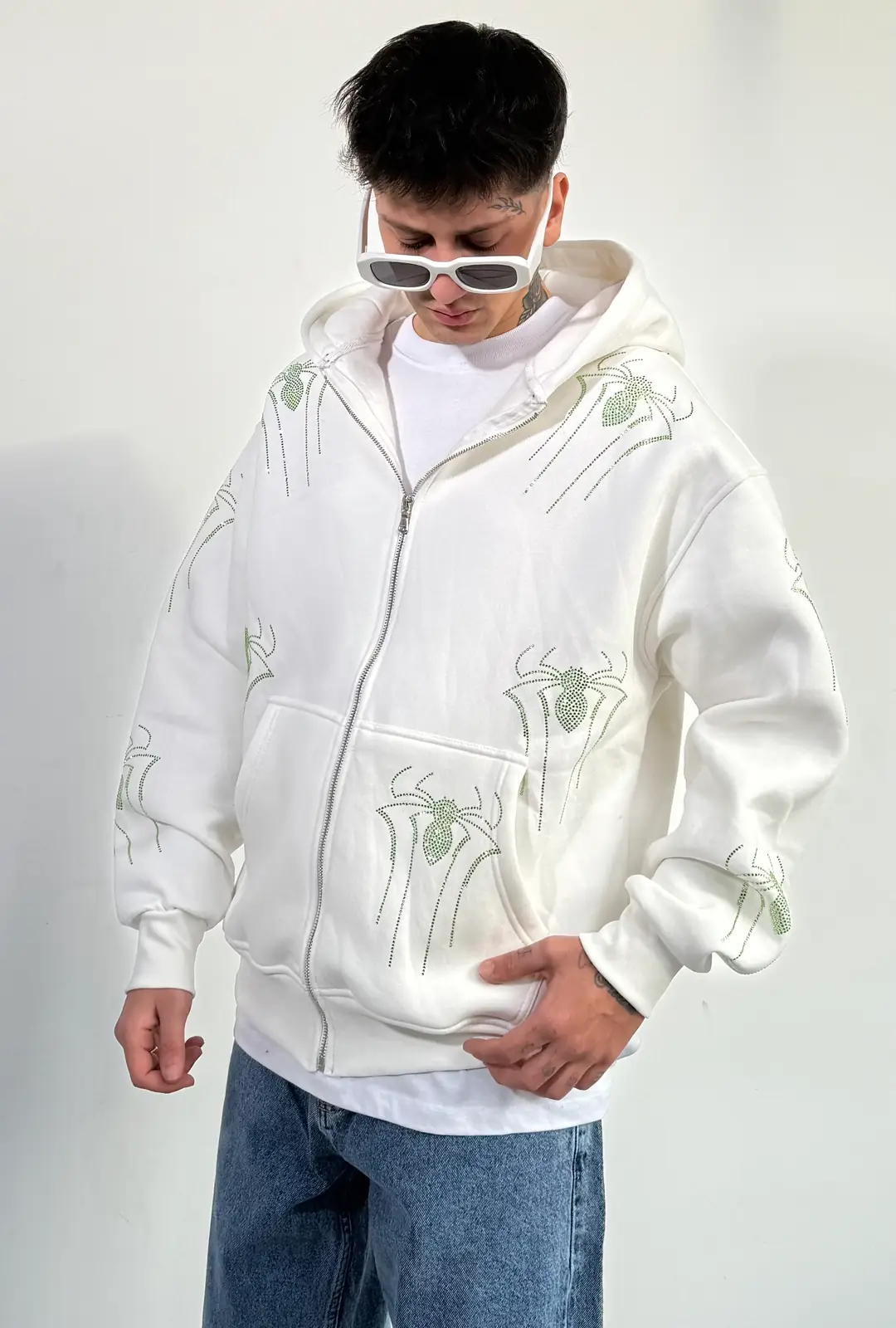 Özel Seri Spider Taşlı Oversize Zipp Hoodie