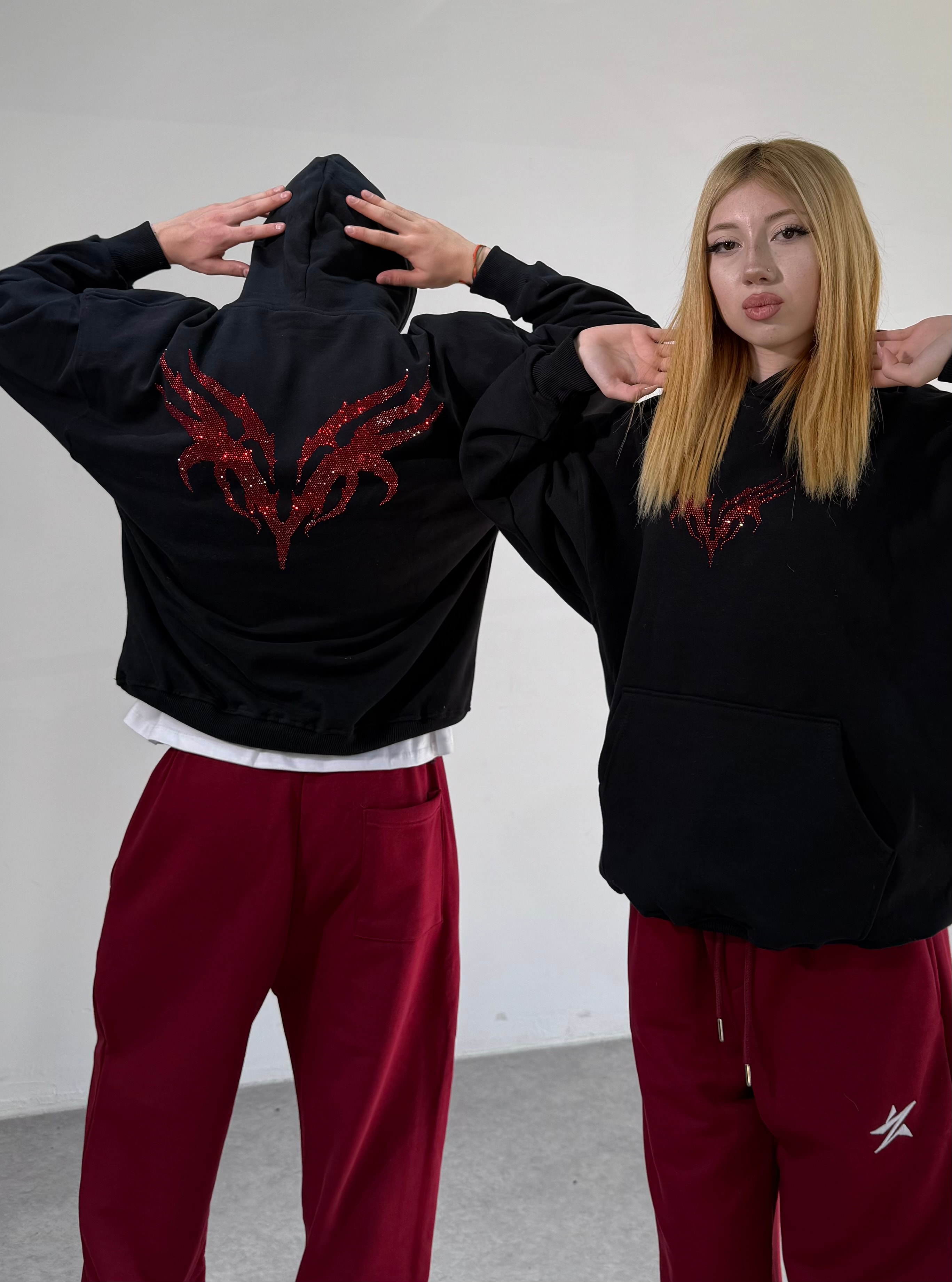 VNM Taşlı Oversize Sweatshirt - Yıkamalı Siyah