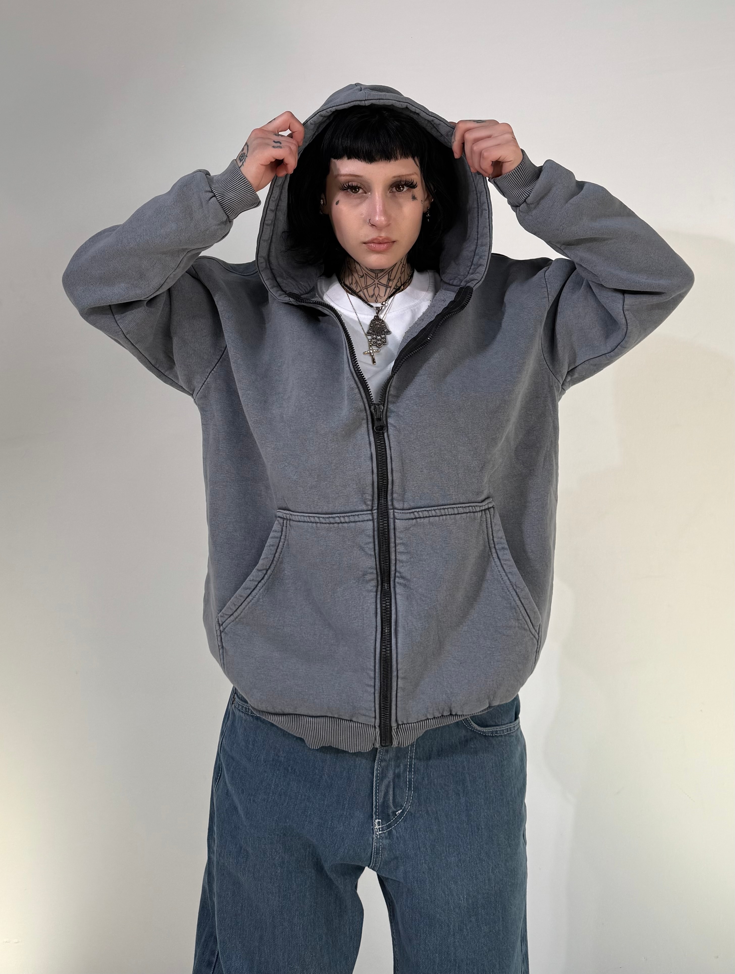 Yıkamalı Kumaş Kışlık  Oversize Basic Fermuarlı Sweatshirt