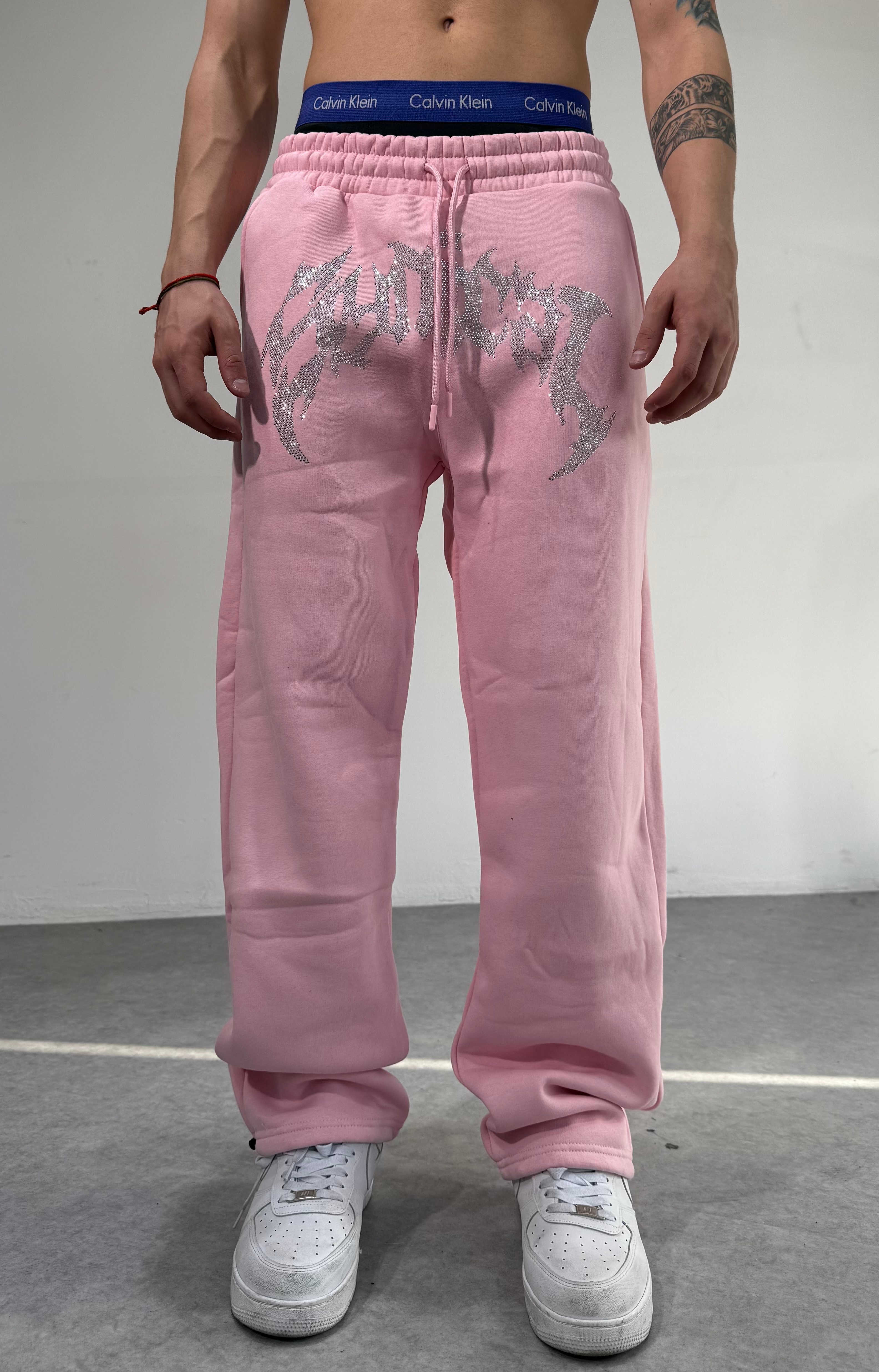Taşlı Baggy Eşofman Kışlık Kumaş  - Pembe
