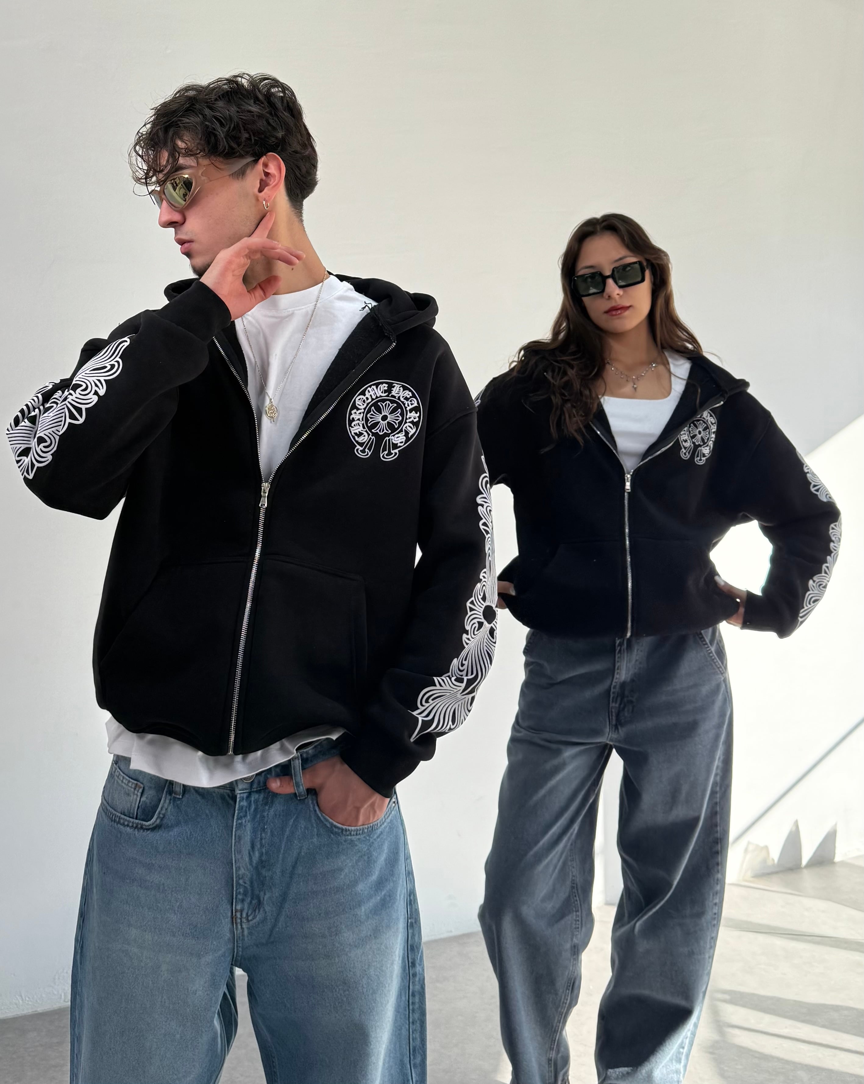 c. Baskılı Oversize Fermuarlı Sweatshirt - Siyah