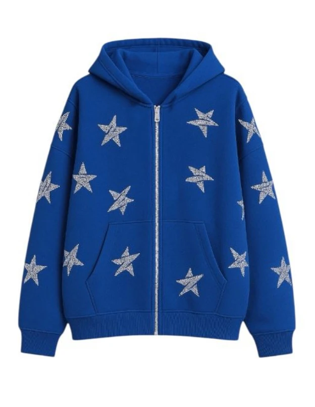 Star Oversize Premium Zipp Hoodie - Mavi