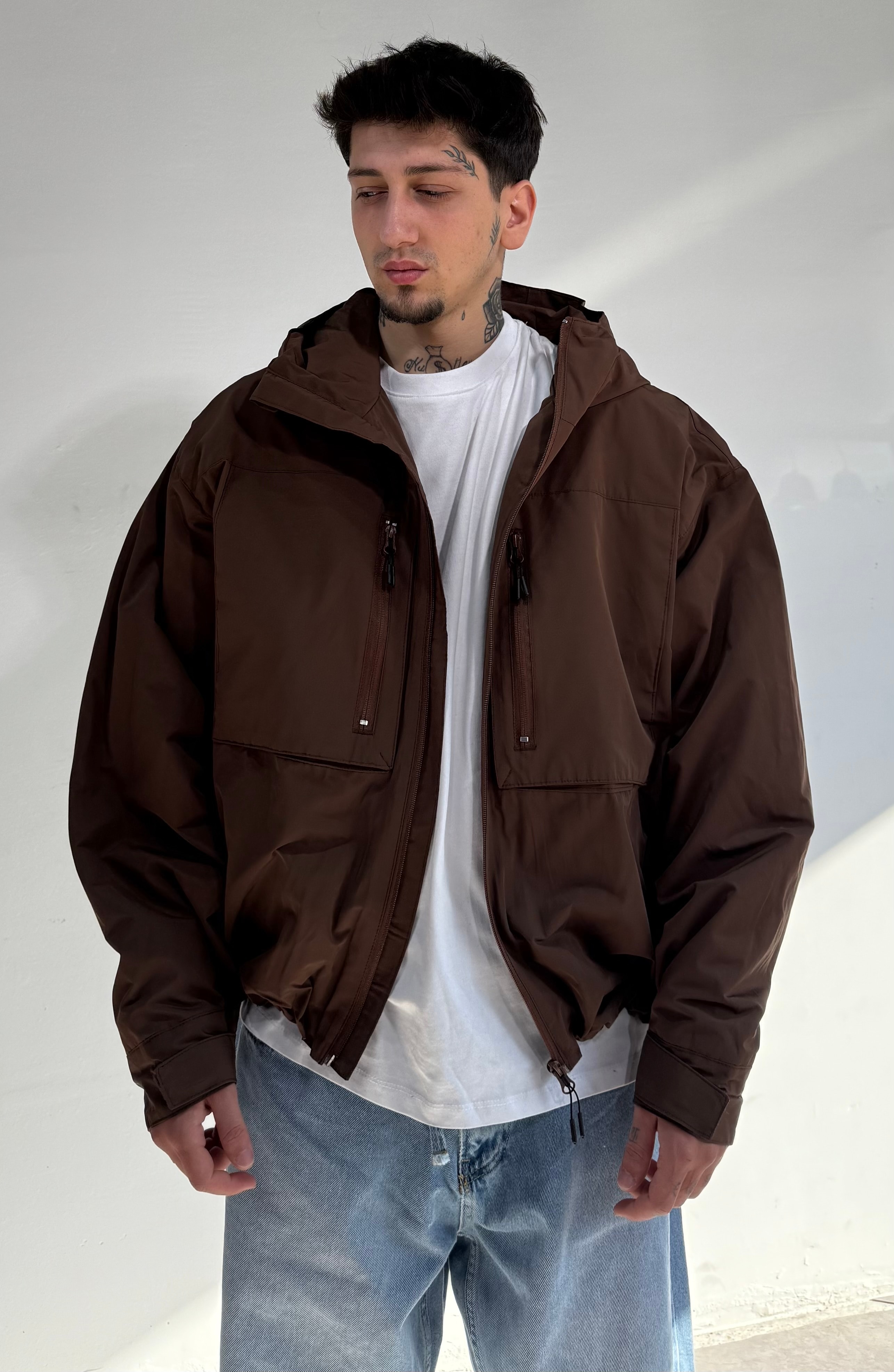 Crop Boy Oversize Astarlı Kapüşonlu Premium Yağmurluk Ceket  - kahverengi