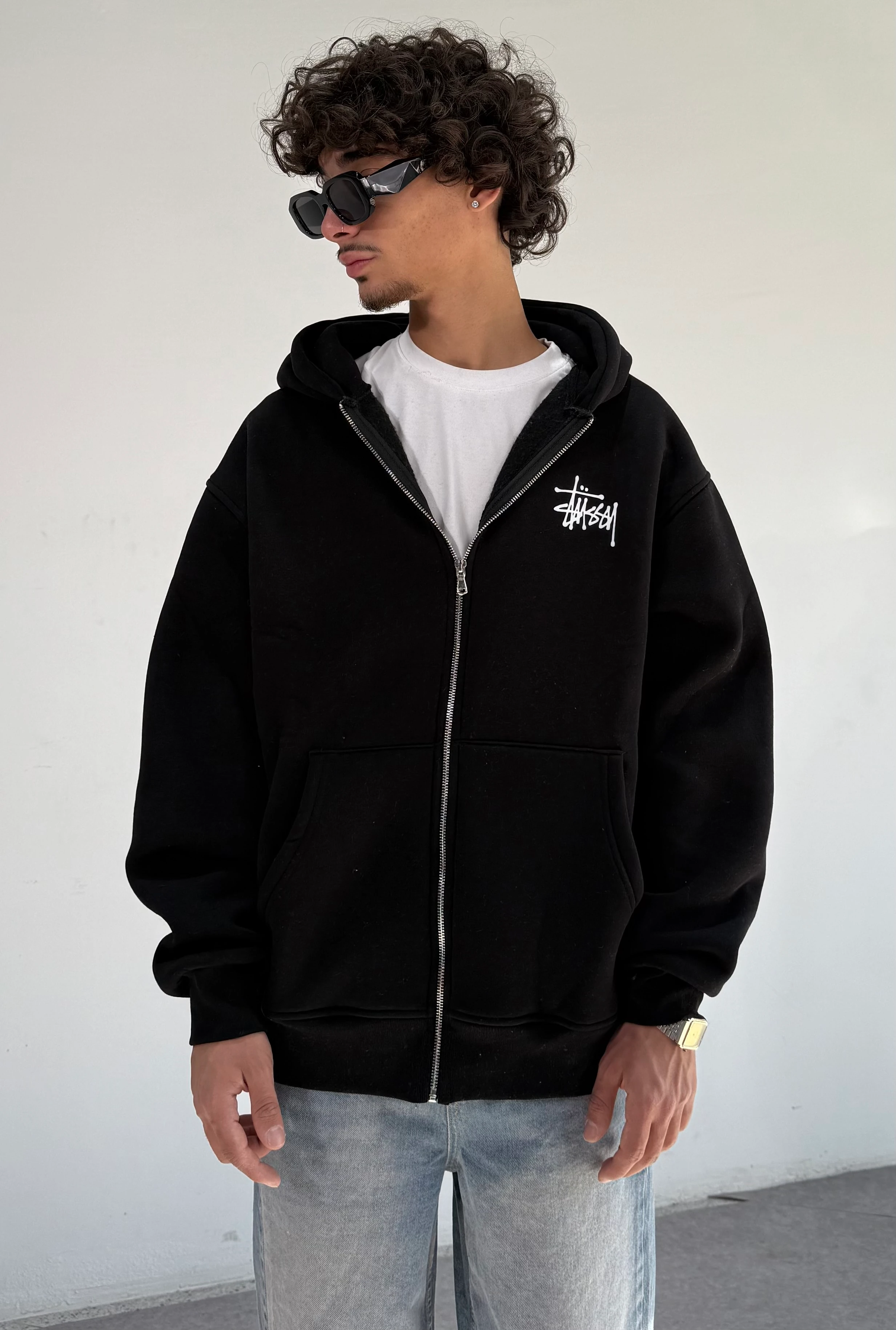 Stussy Baskılı Oversize Fermuarlı Sweatshirt - Siyah