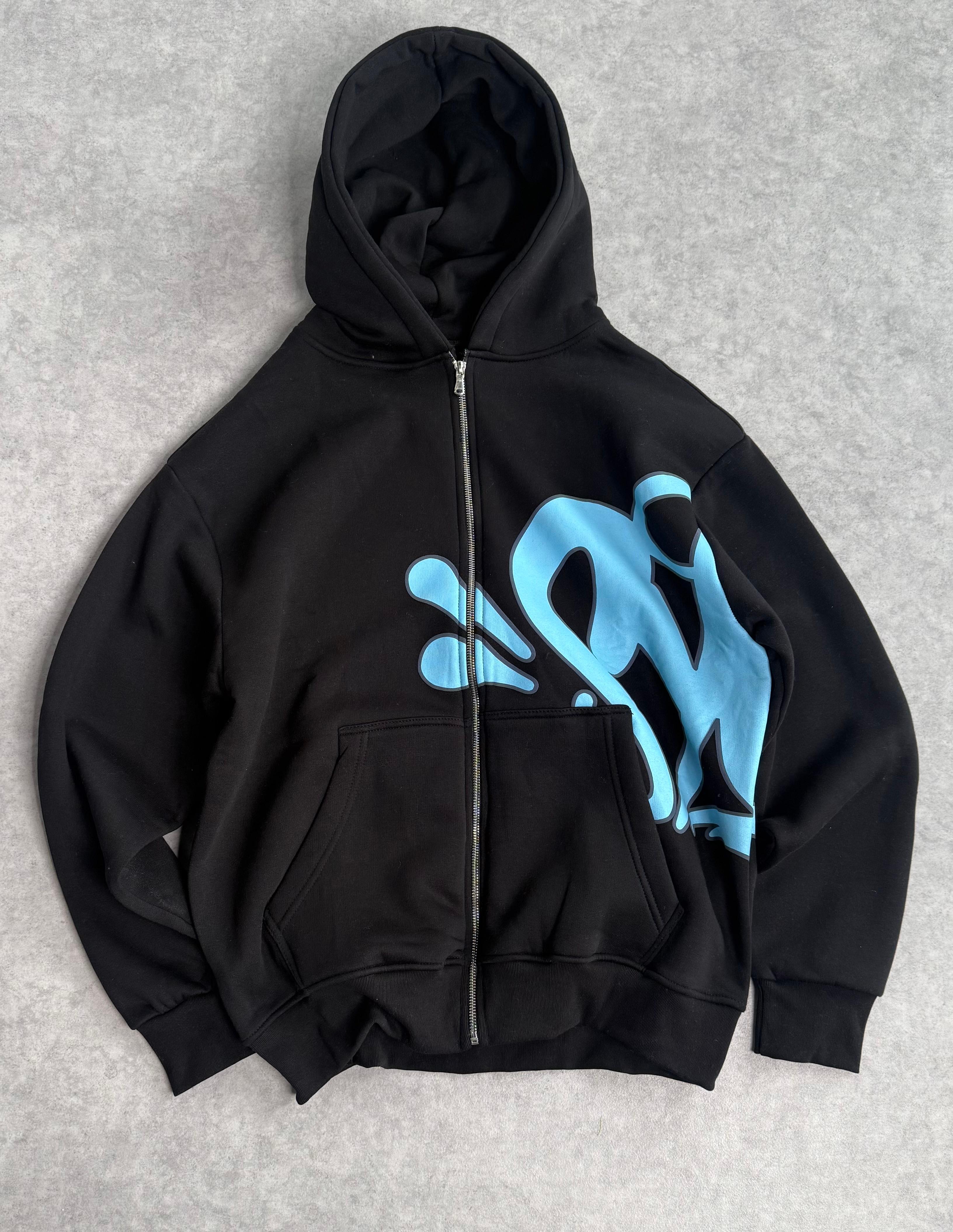 S Baskılı Oversize Zipp Hoodie  - Siyah
