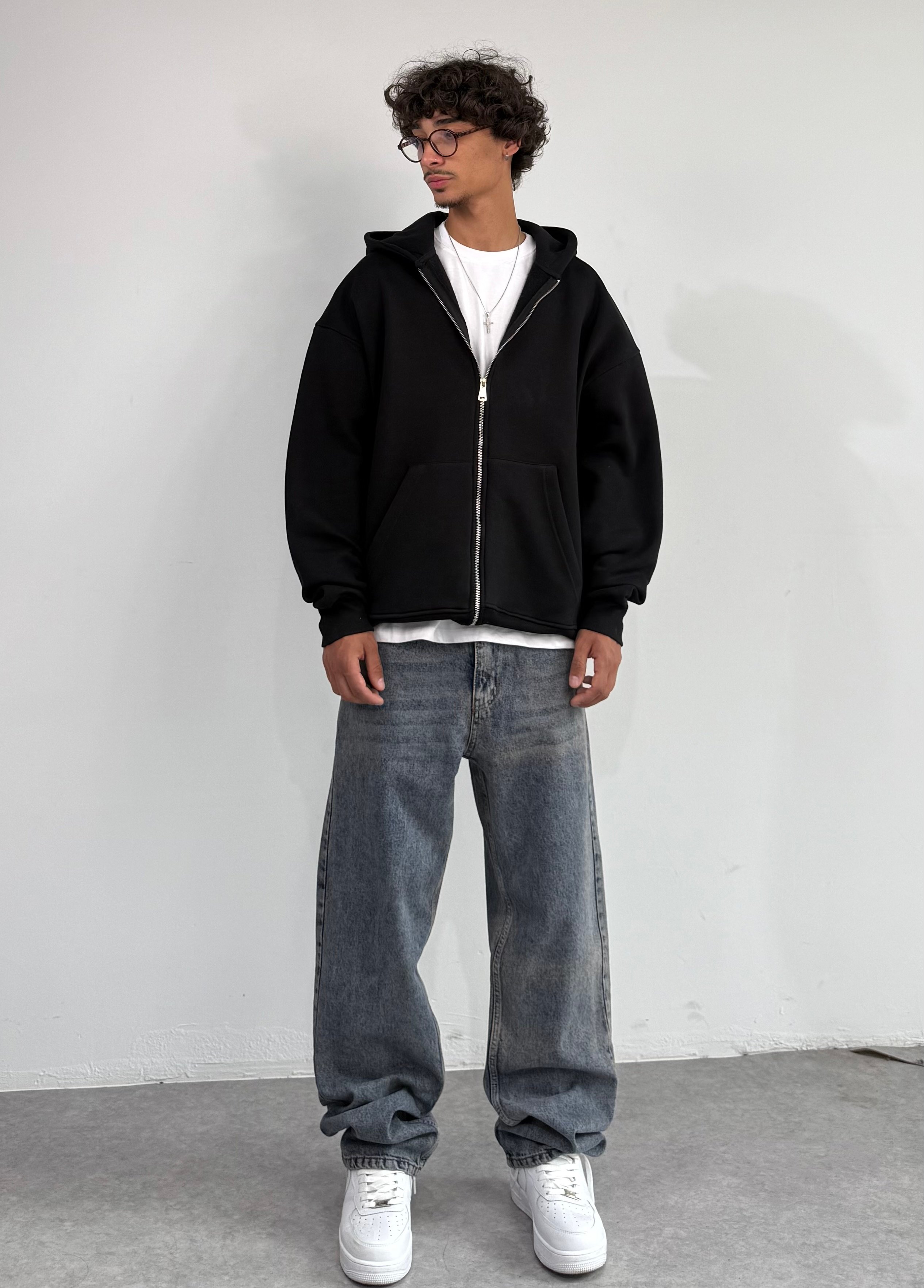 Kışlık Kumaş Oversize Premium Basic Fermuarlı Sweatshirt