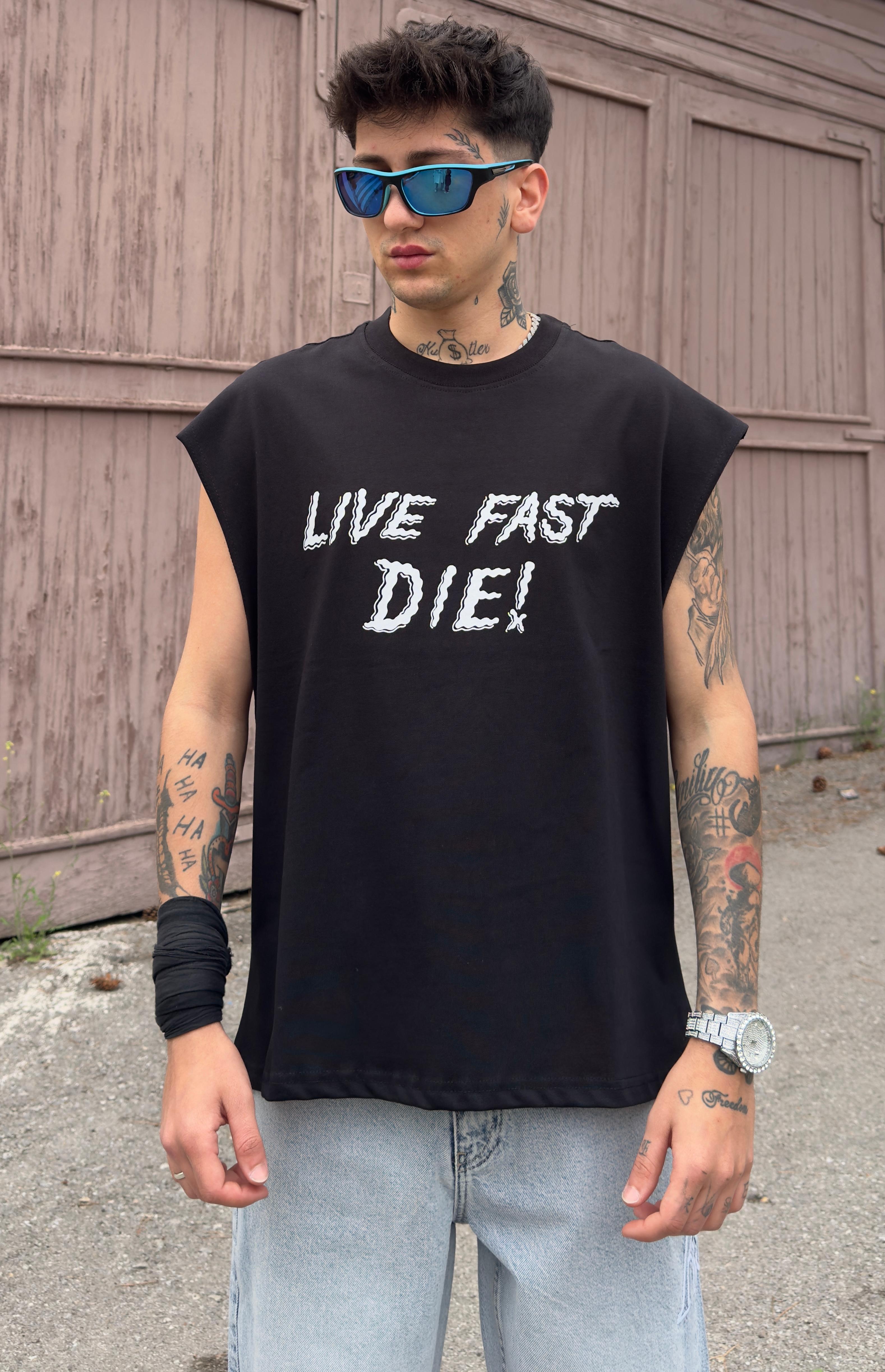 Live Fast Dıe Baskılı Sıfır kol Oversize Tişört - Siyah