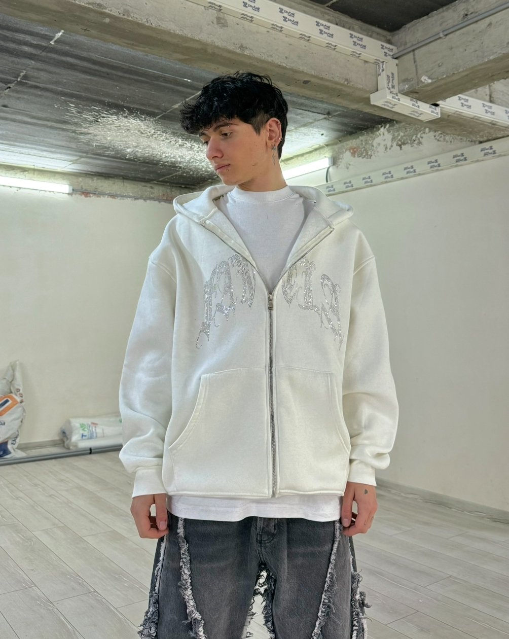 FV Taşlı Oversize Zipp Hoodie - Beyaz