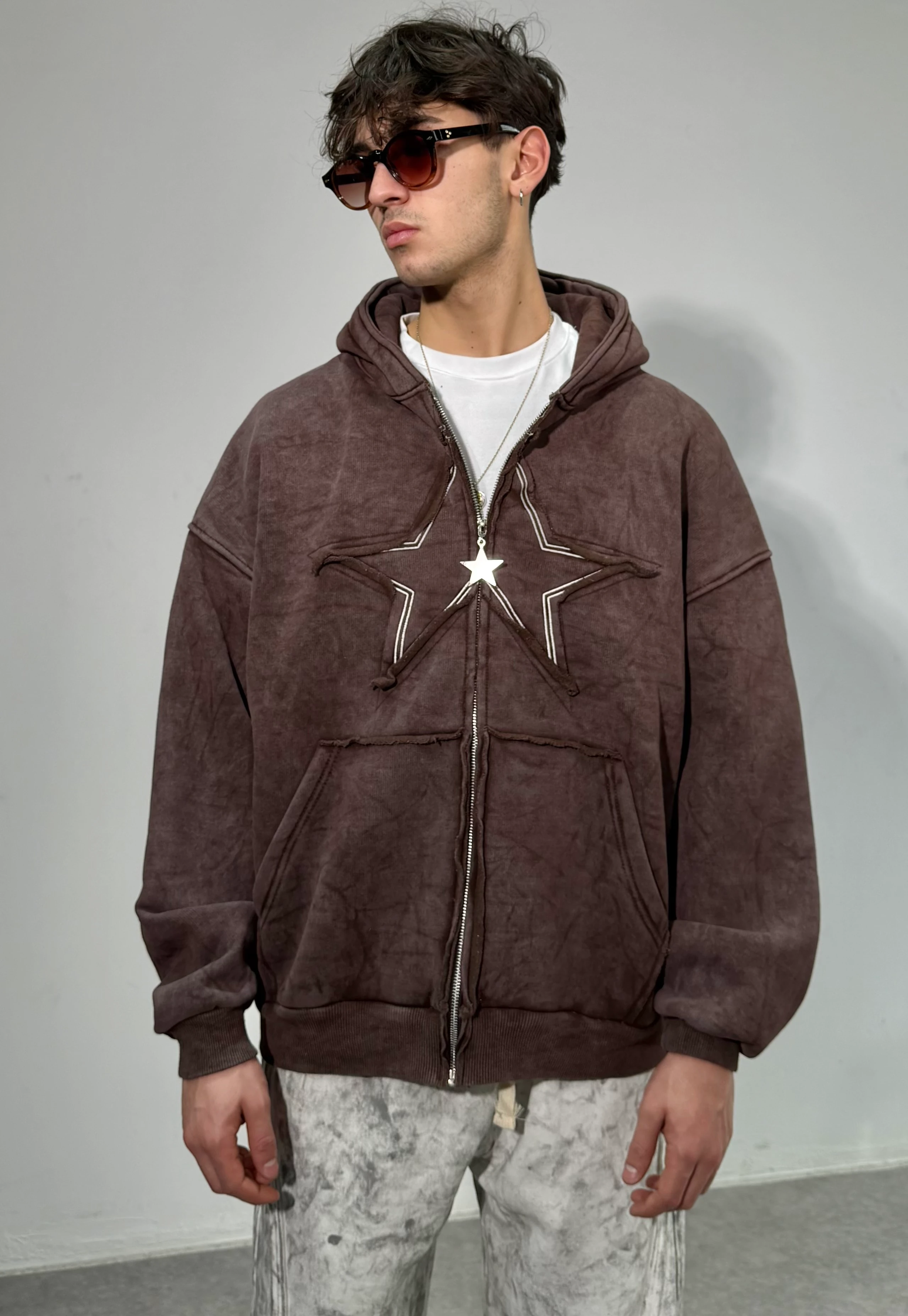 PUFFY様 Star Oversize Acıd Wash Zipp Hoodie