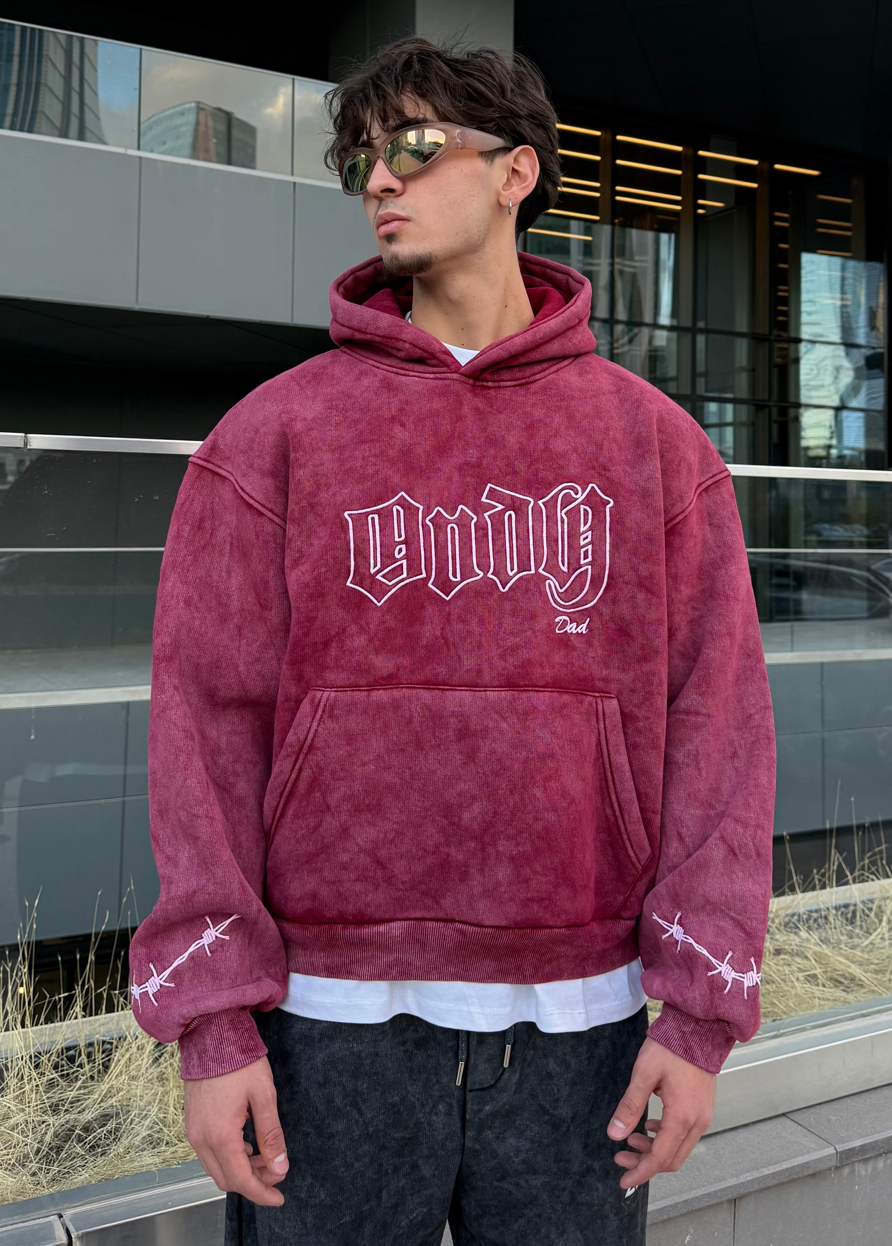 Acid Wash Andy Nakışlı Oversize Premium  - Bordo