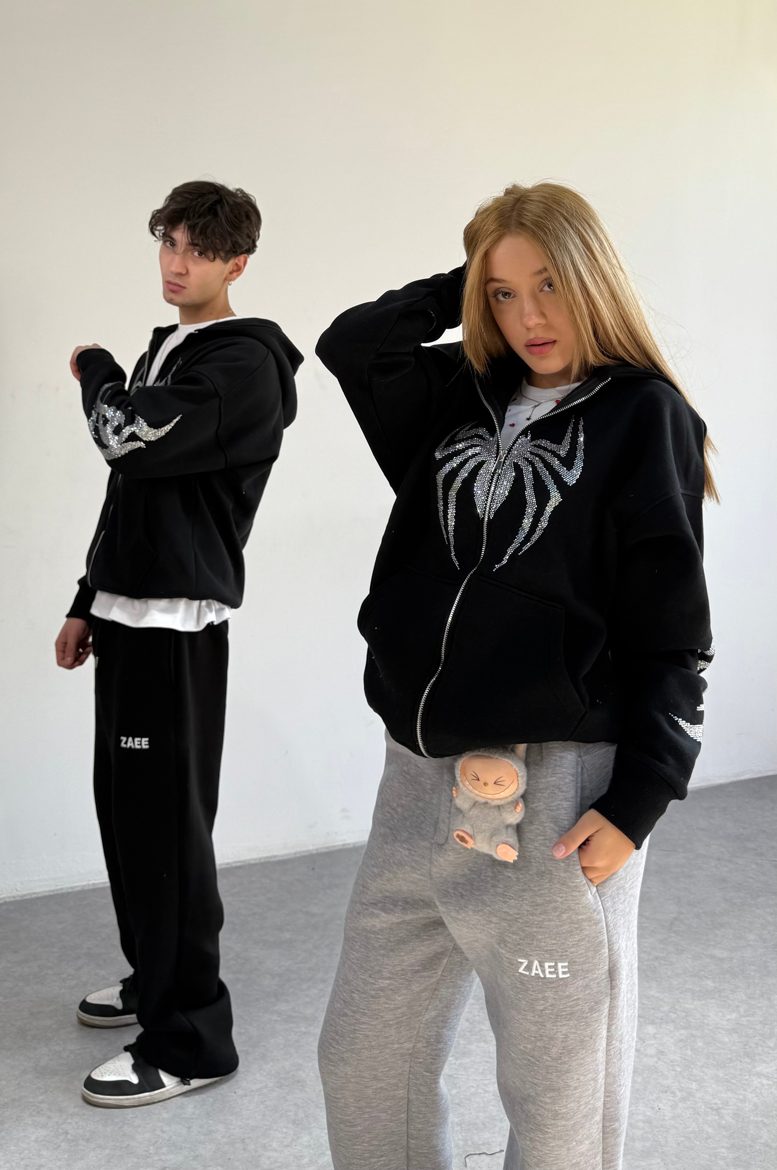 Spider Taşlı Oversize Fermuarlı Hırka