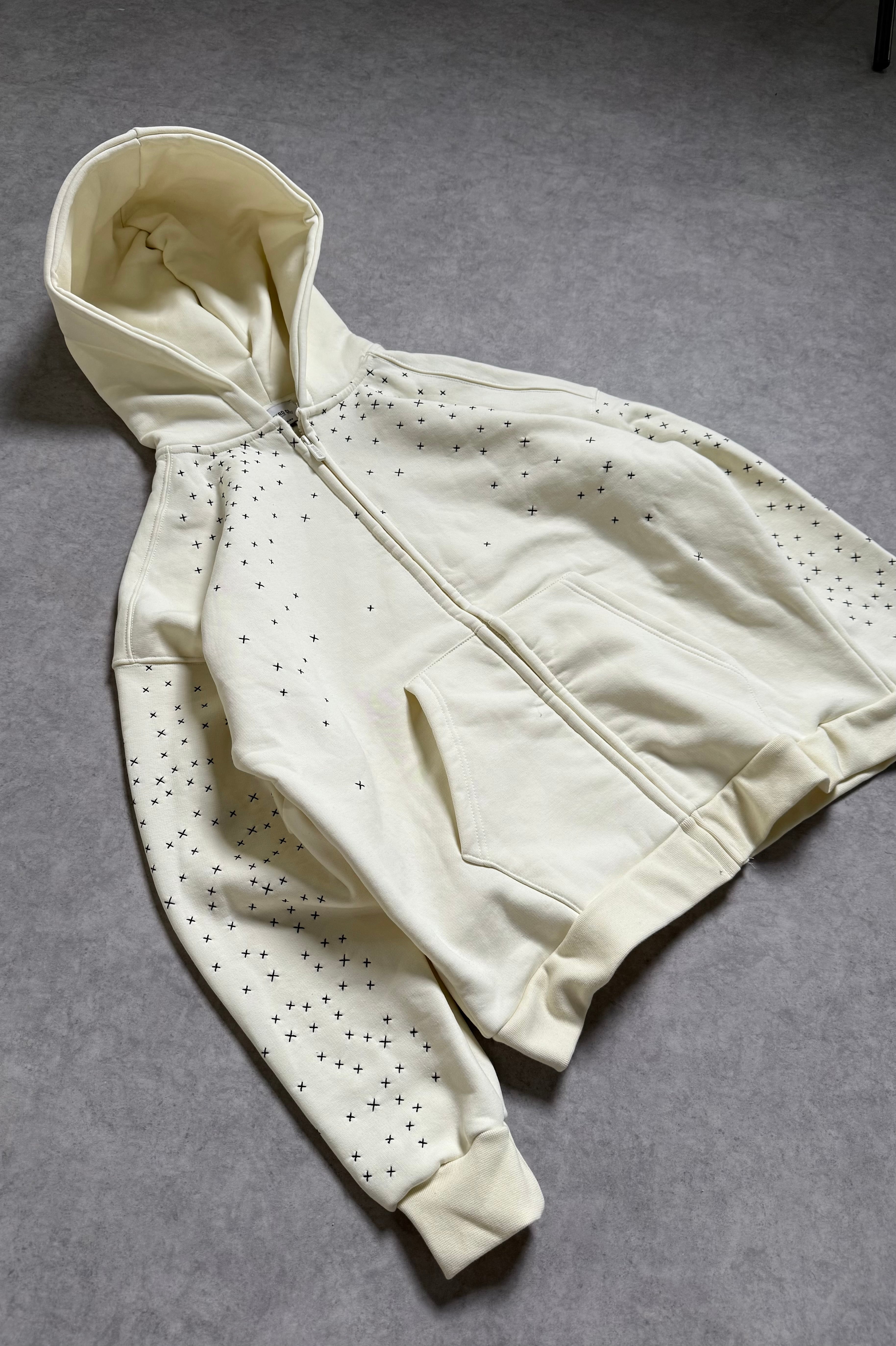 Yıldız Detay Oversize Premium Fermuarlı Hoodie - Beyaz