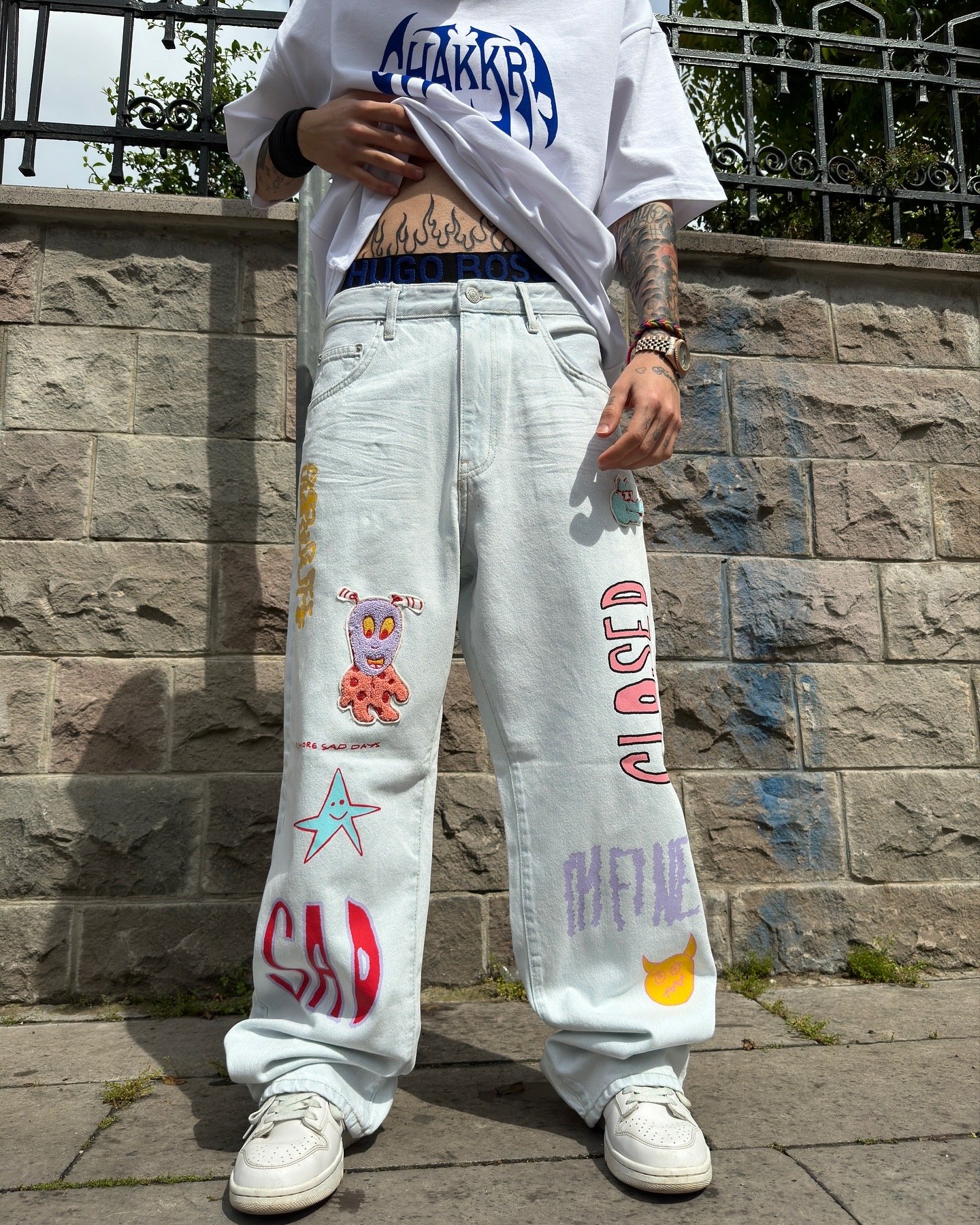 Yüksek Kalite Premium Figürlü Buz Mavisi Baggy Pantolon