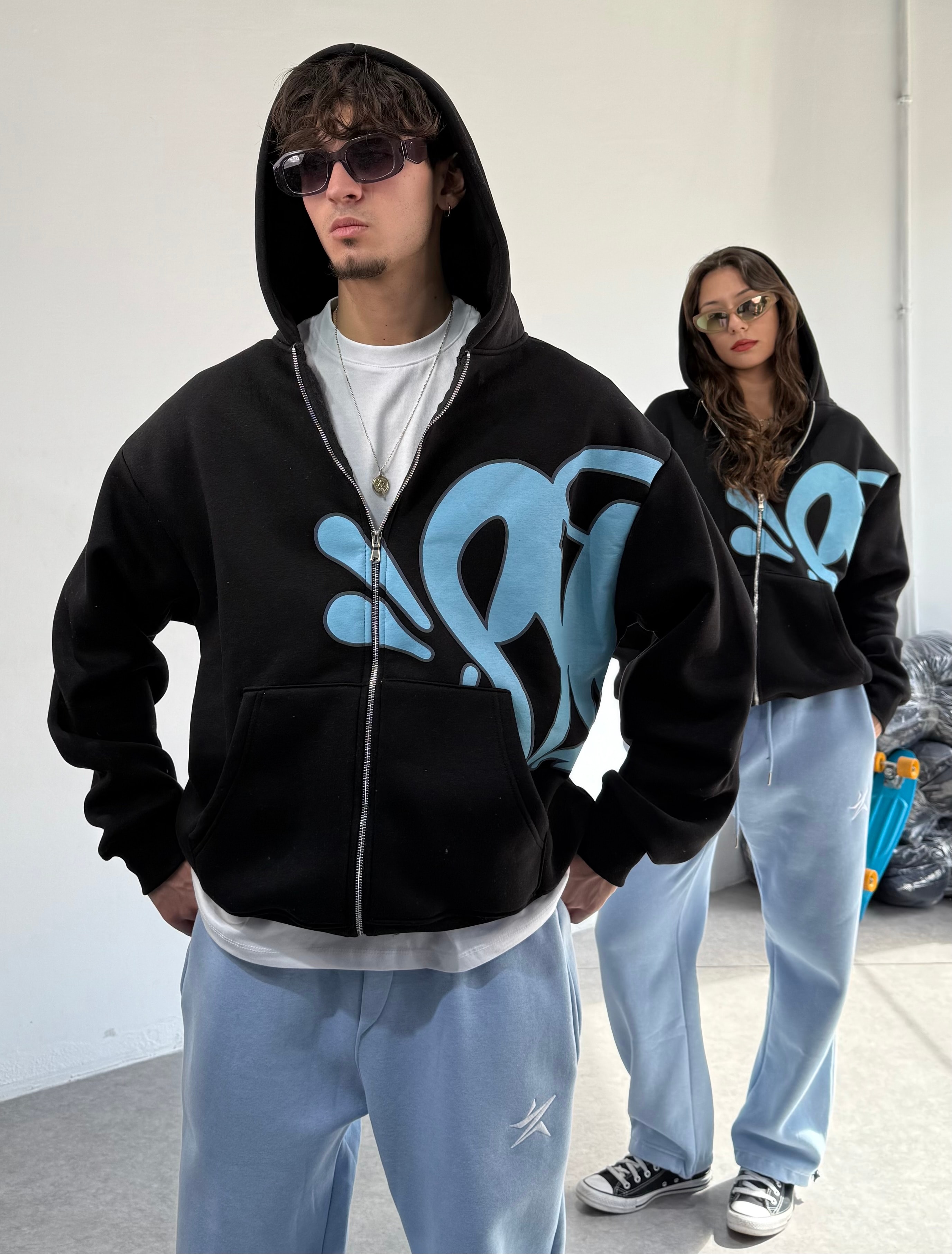 S Baskılı Oversize Zipp Hoodie  - Siyah