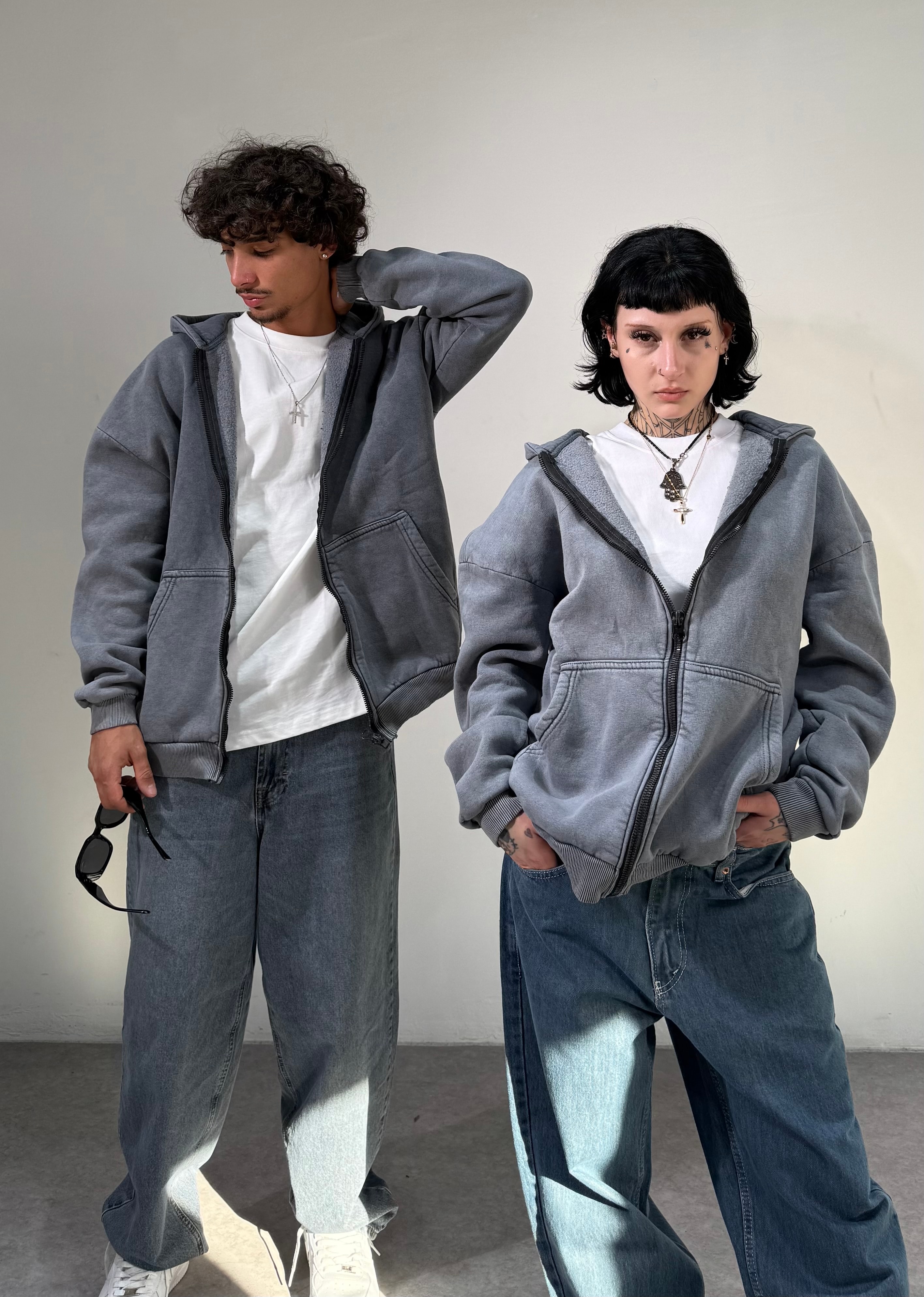 Yıkamalı Kumaş Kışlık  Oversize Basic Fermuarlı Sweatshirt