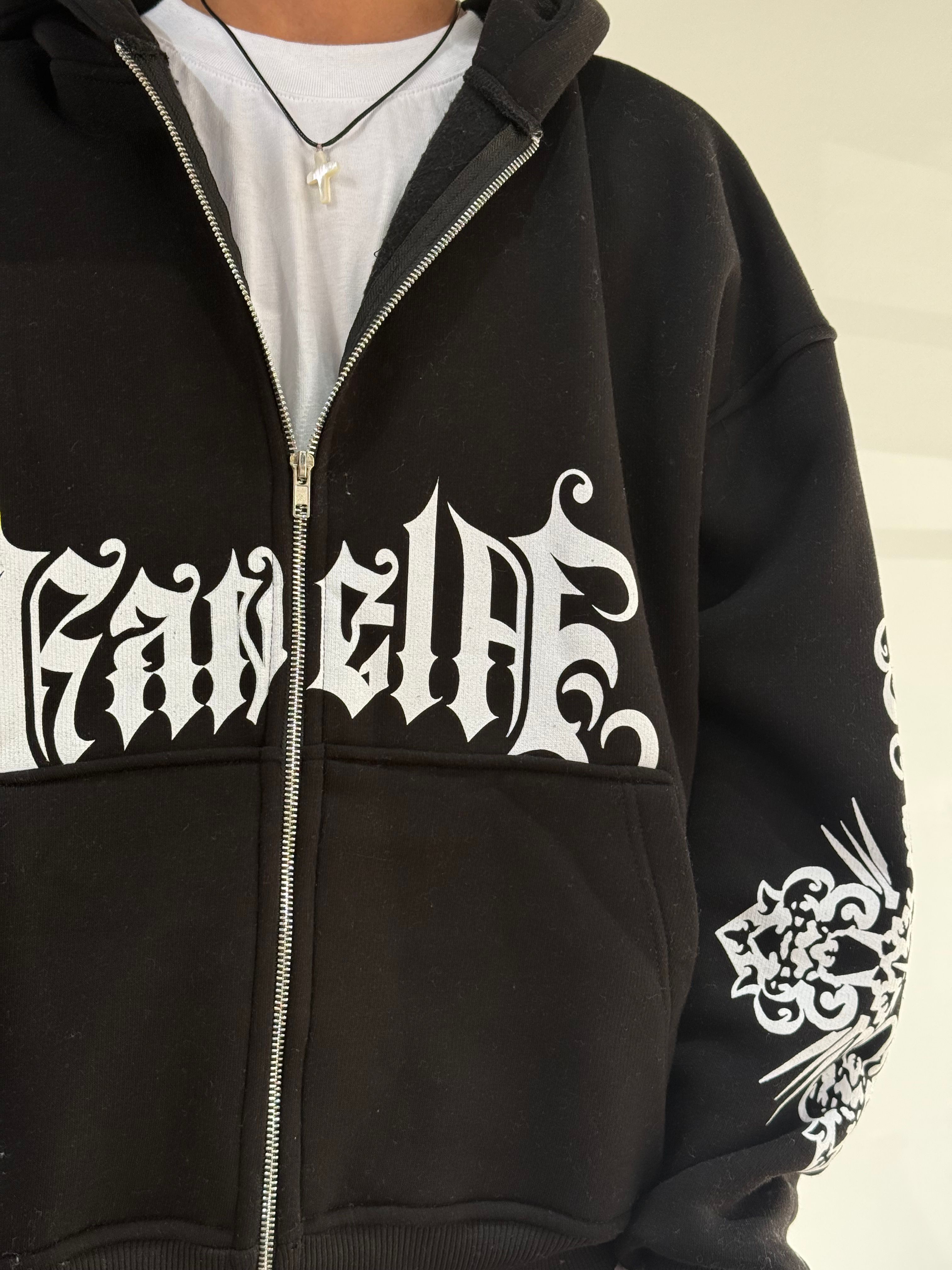 Baskılı Oversize Fermuarlı Sweatshirt