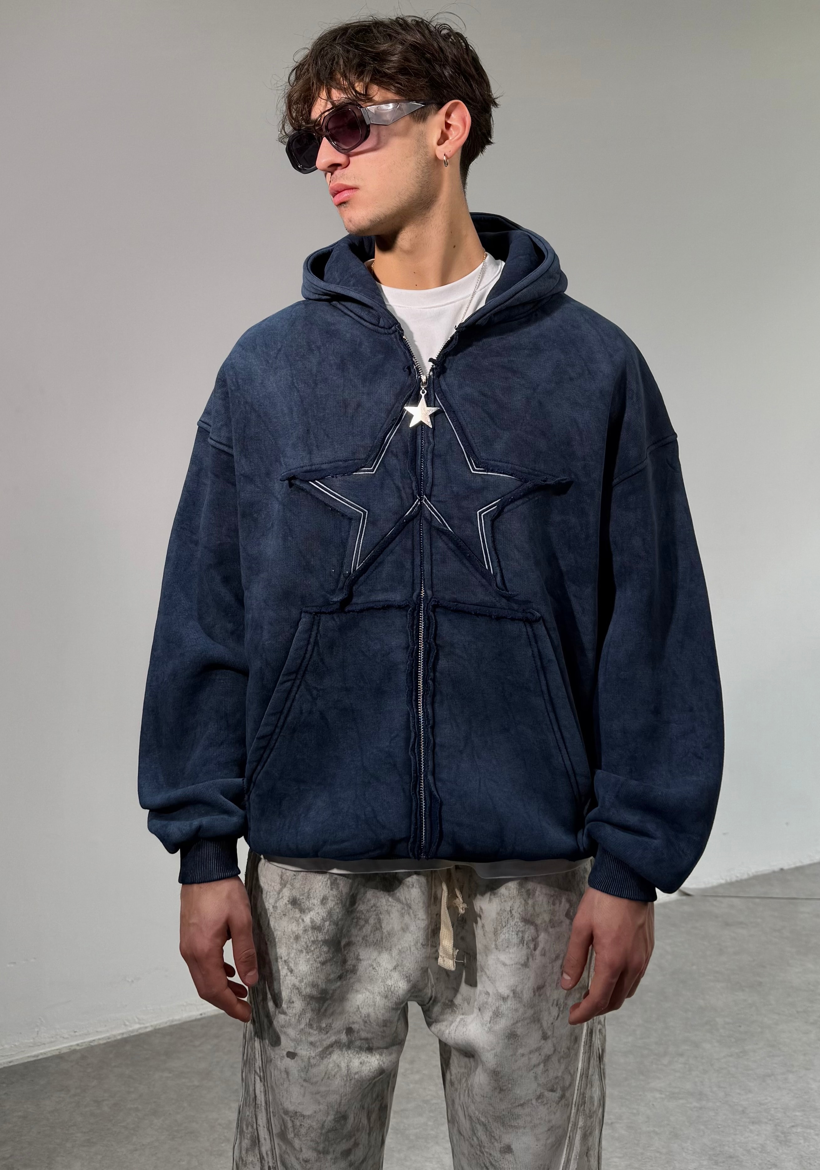 Star Oversize Acıd Wash Zipp Hoodie - yıkamalı lacivert