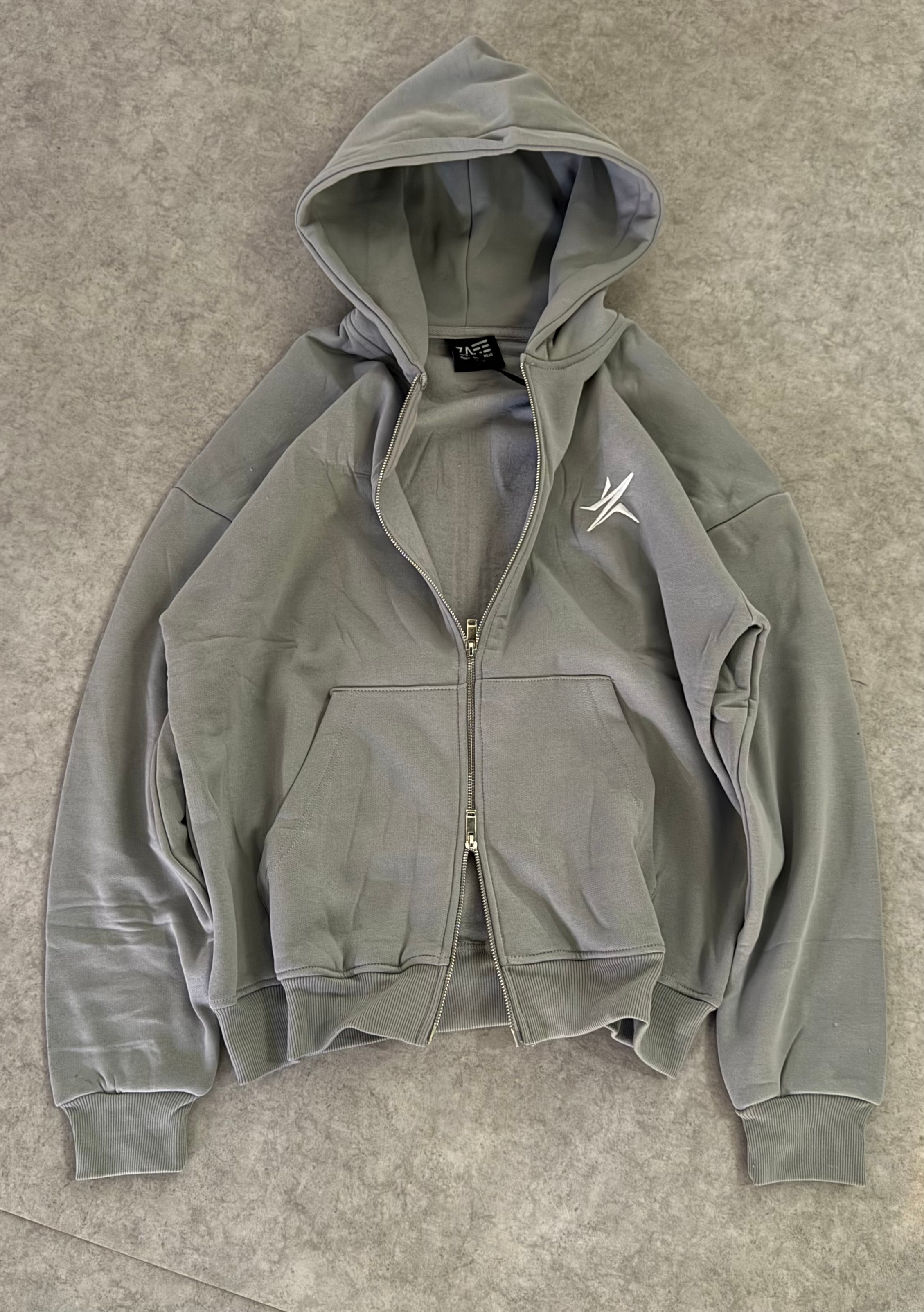 Star Double Fermuar Oversize Zipp Hoodie  - Yıkamalı Gri