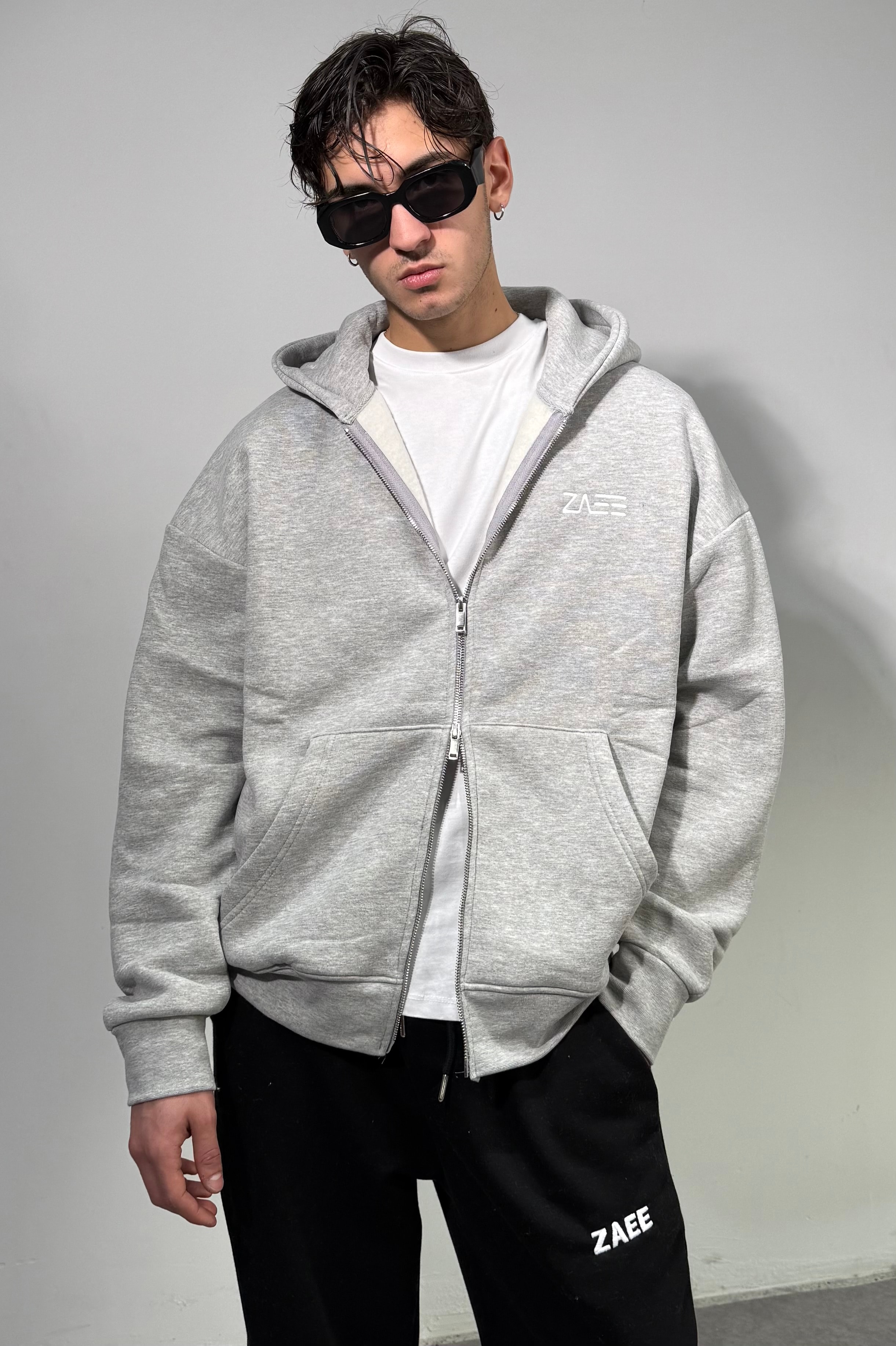 Özel ZAEE Logo Kışlık Double Zipp Oversize Hoodie - Gri