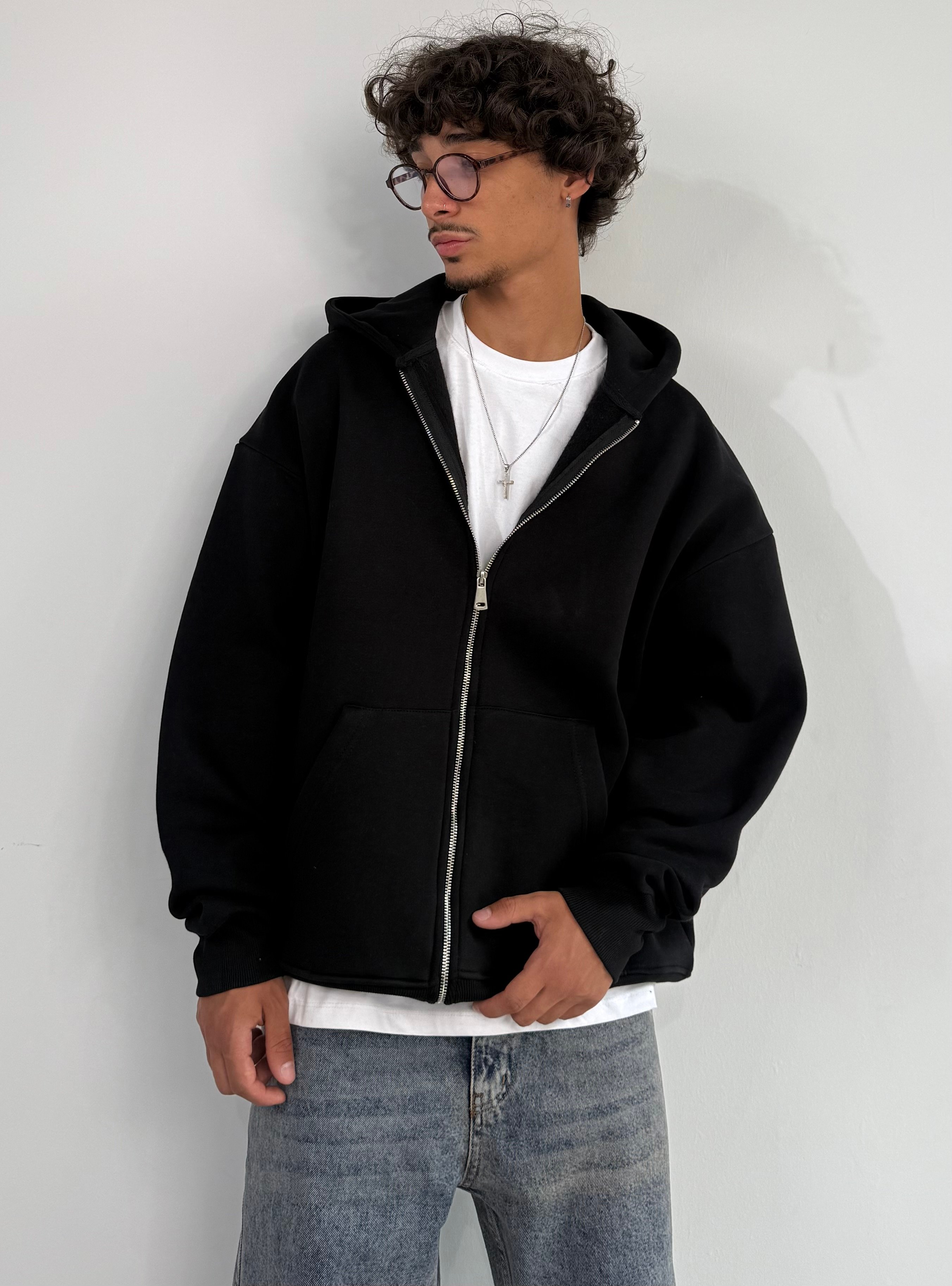 Kışlık Kumaş Oversize Premium Basic Fermuarlı Sweatshirt
