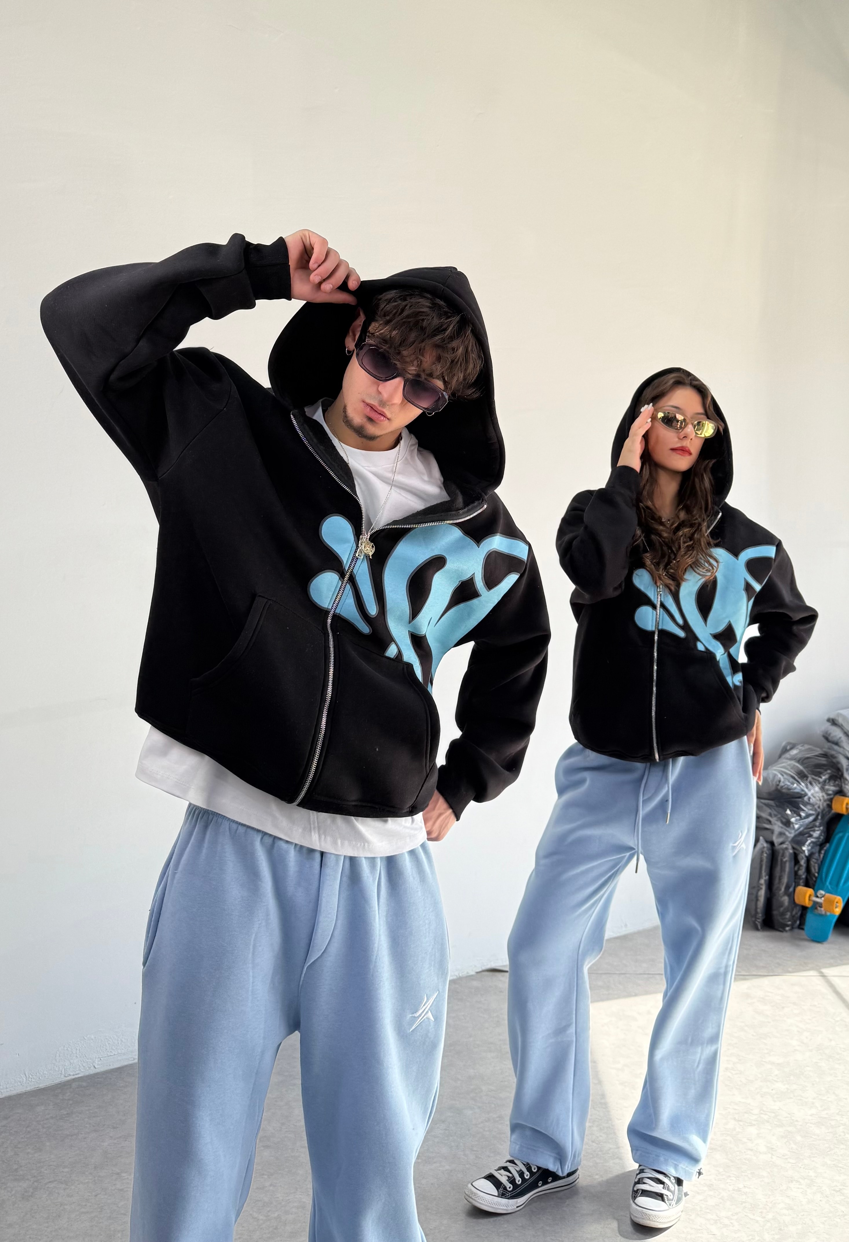 S Baskılı Oversize Zipp Hoodie 