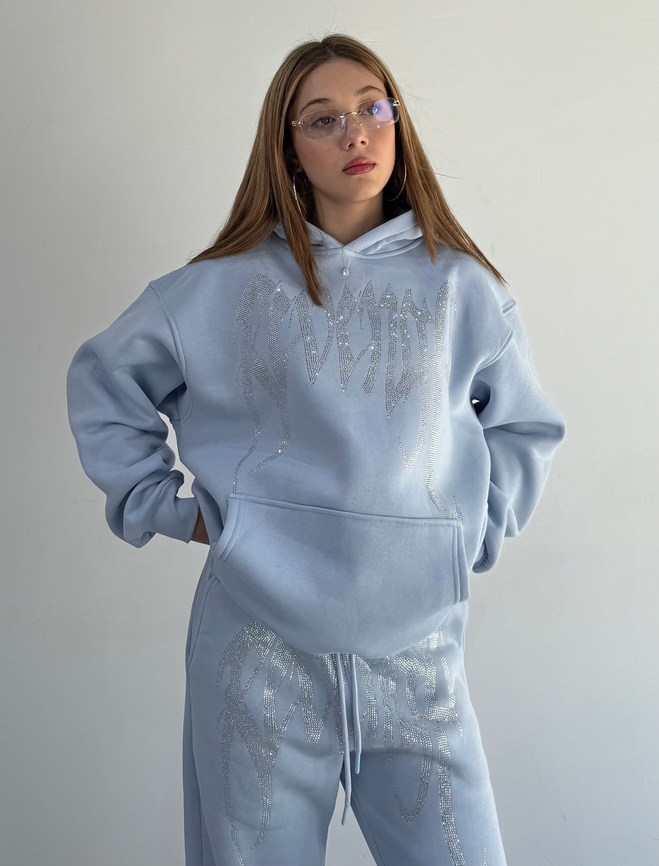 REVENGE taşlı Oversize Sweatshirt - Bebek Mavisi