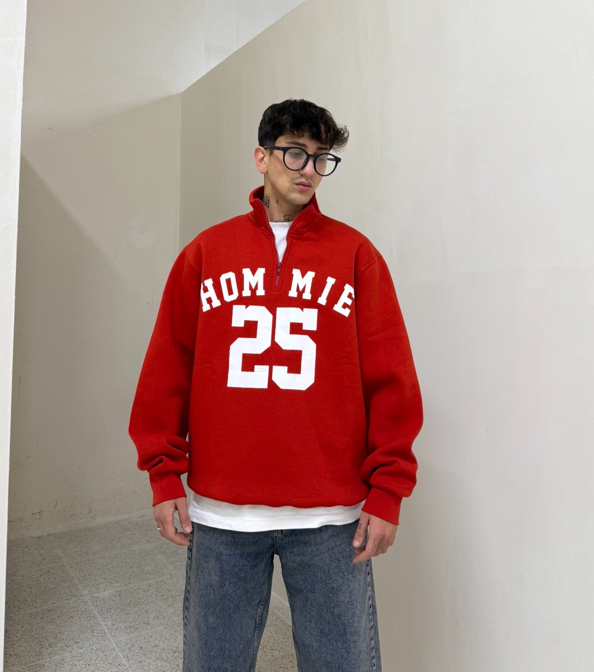 HM 25 Baskılı Half Zipp Sweat - Kırmızı