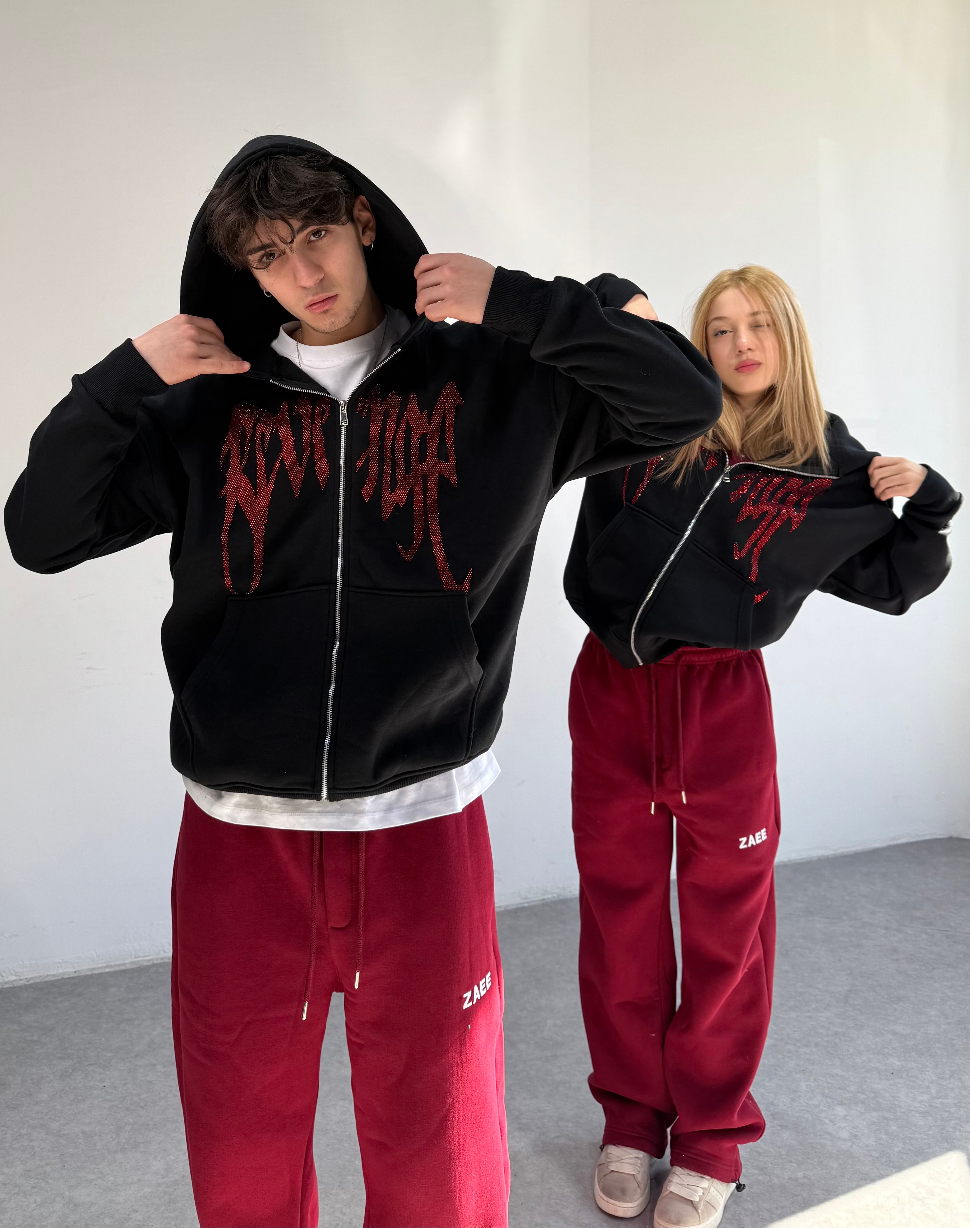 Revenge Taşlı Oversize Premium Zipp Hoodie  - Siyah