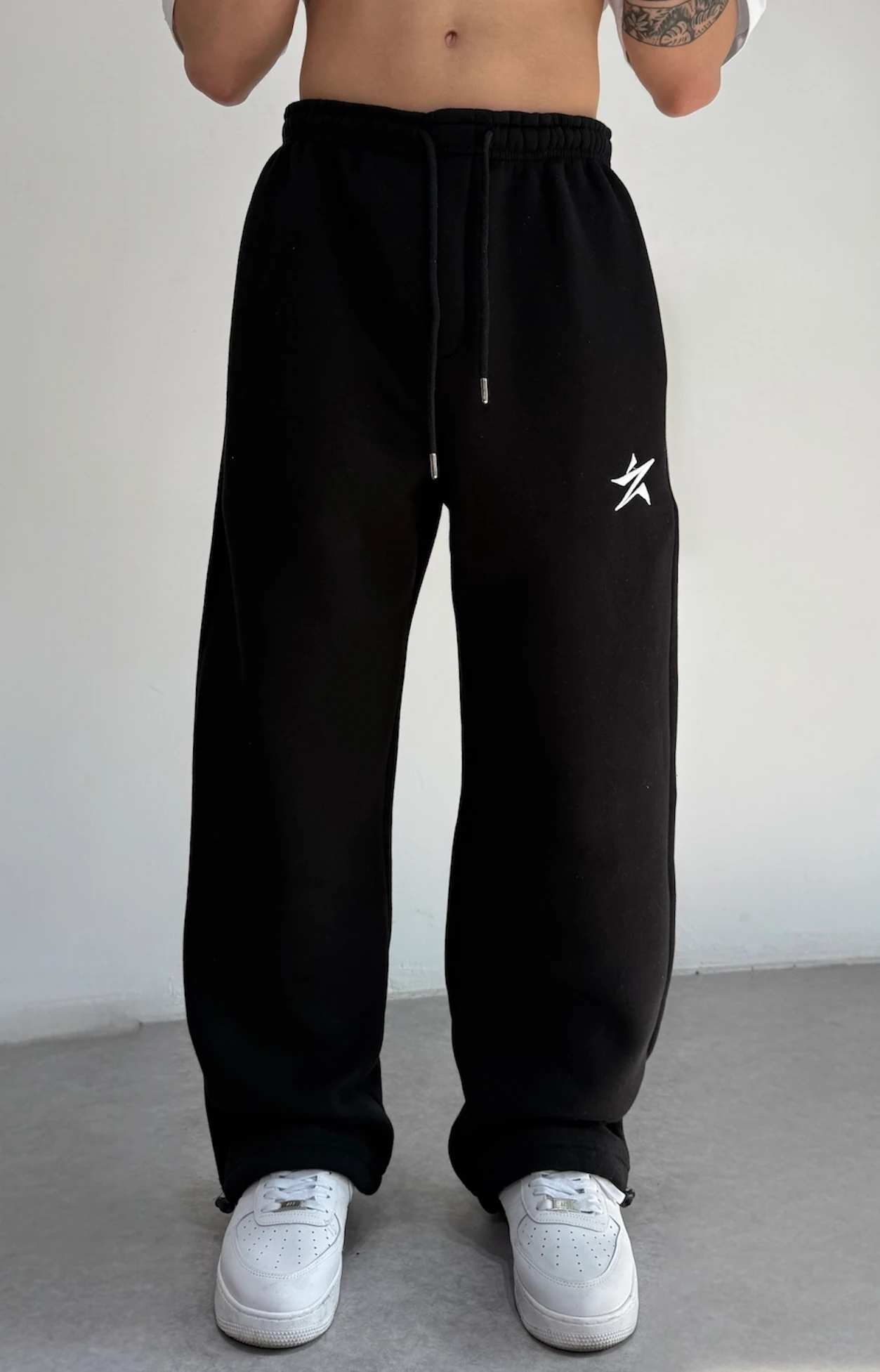 Kışlık STAR Nakışlı Ayarlanabilir Paça Baggy Eşofman Altı - Siyah