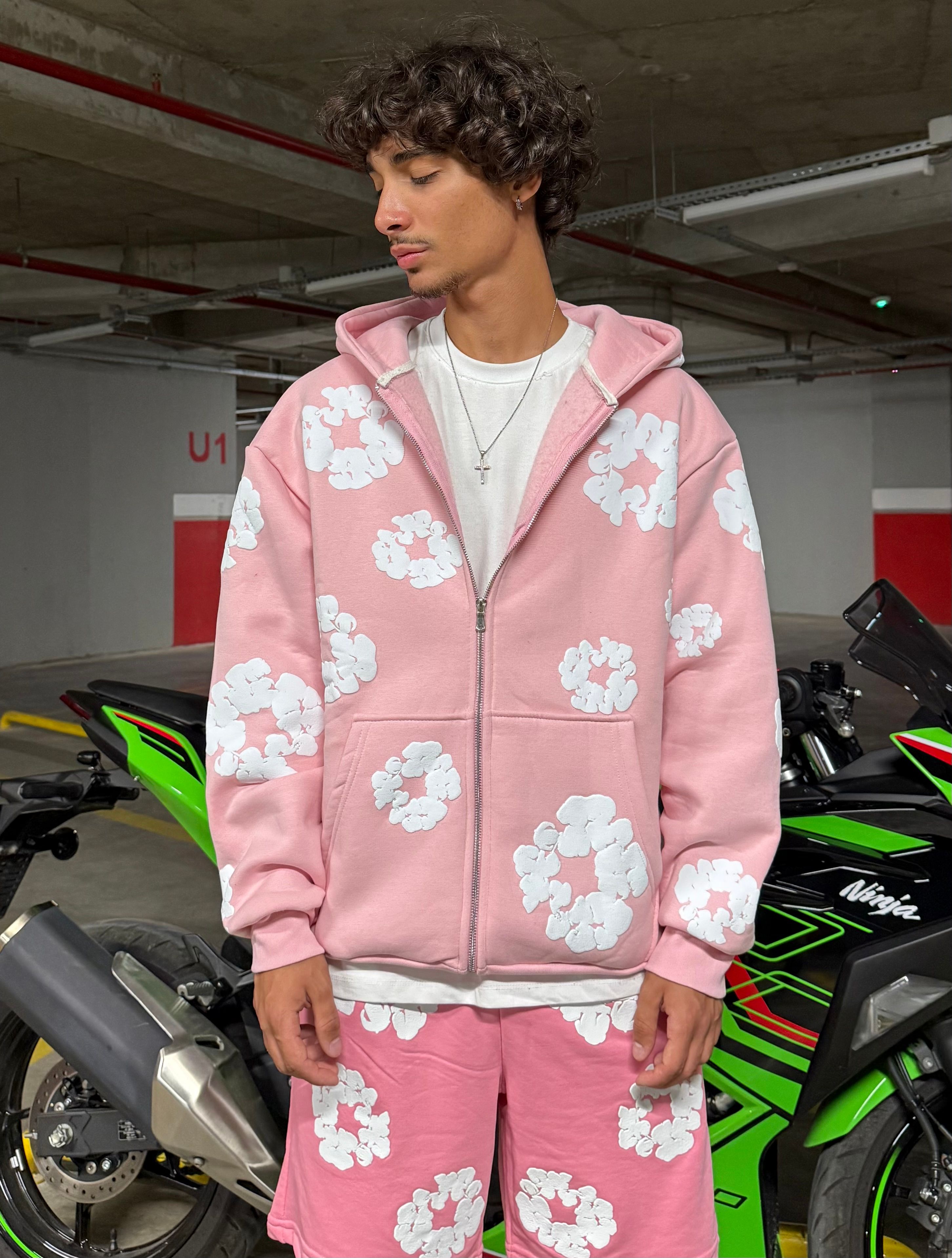 D. Tears Baskılı Oversize Zipp Hoodie - Pembe