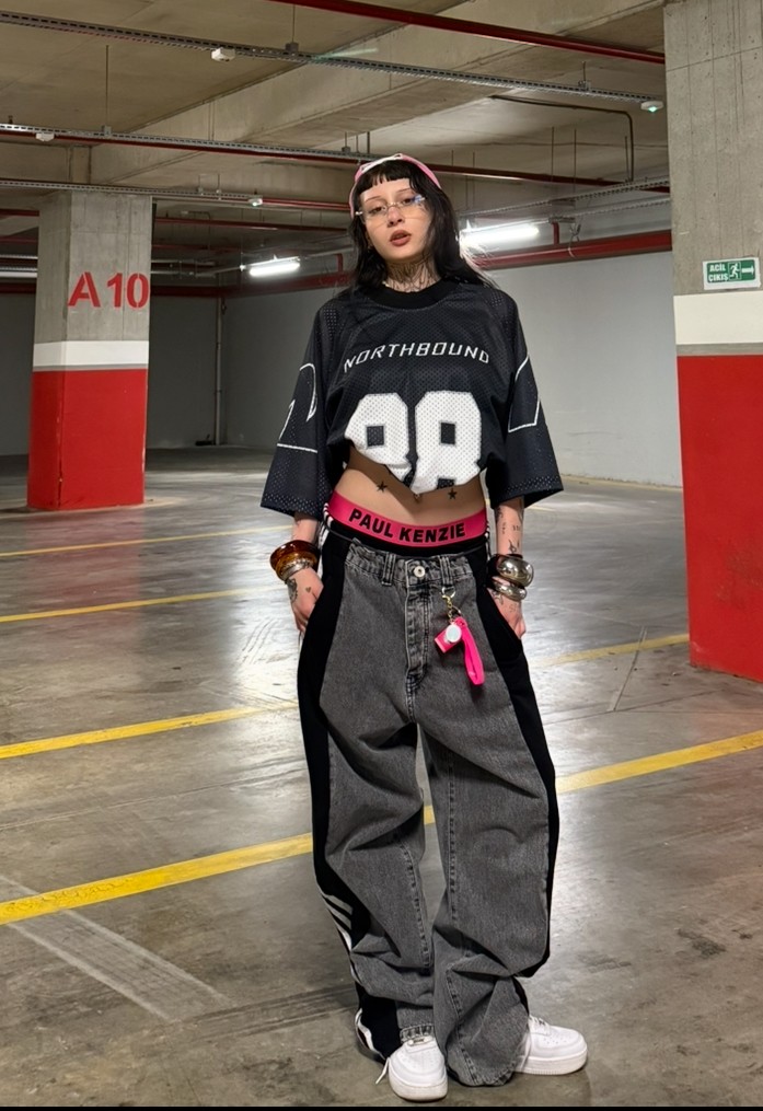 Unisex Şeritli Bol Pantolon  - Gri