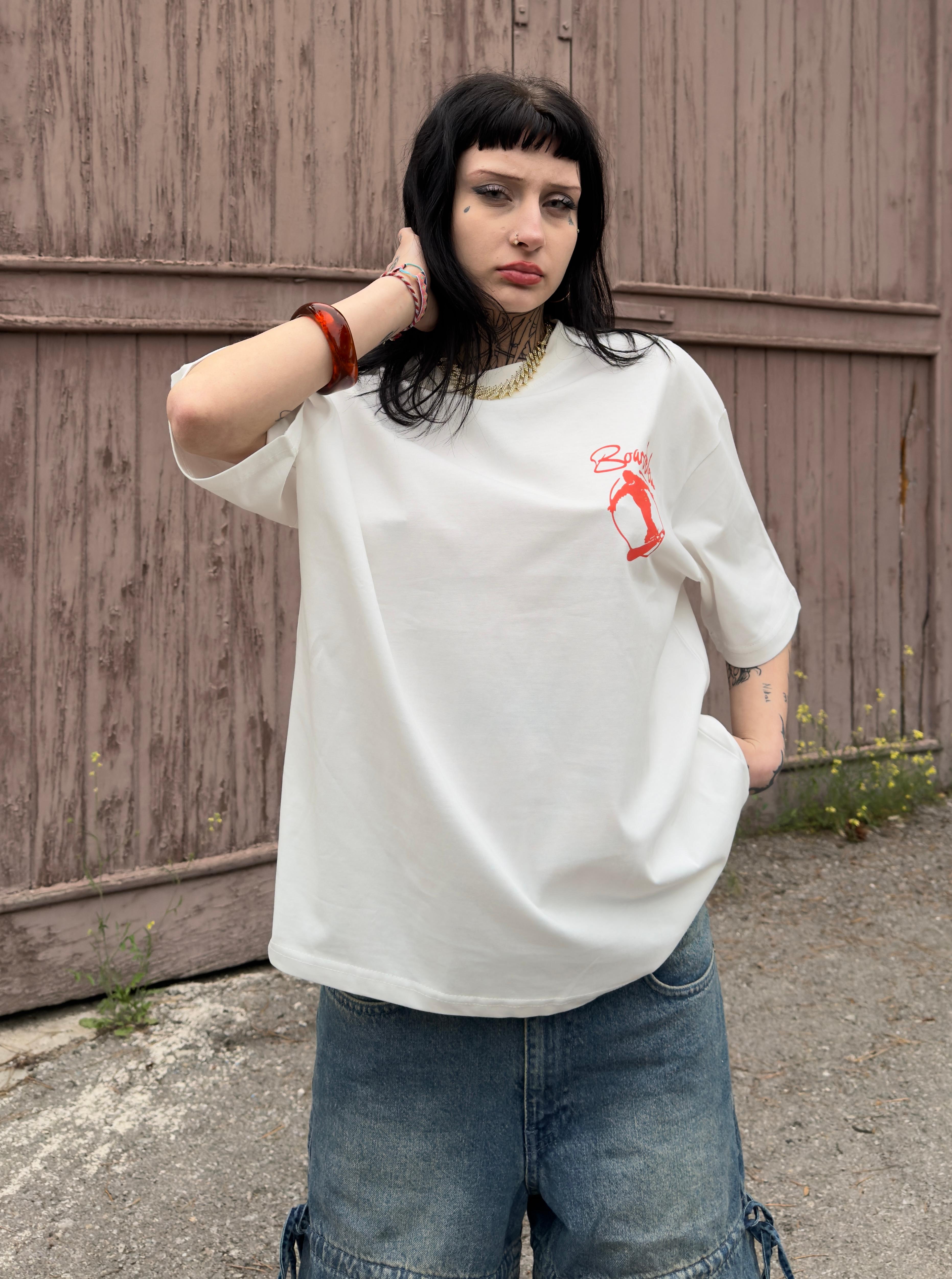 Skate Baskılı Oversize Tişört  - Beyaz