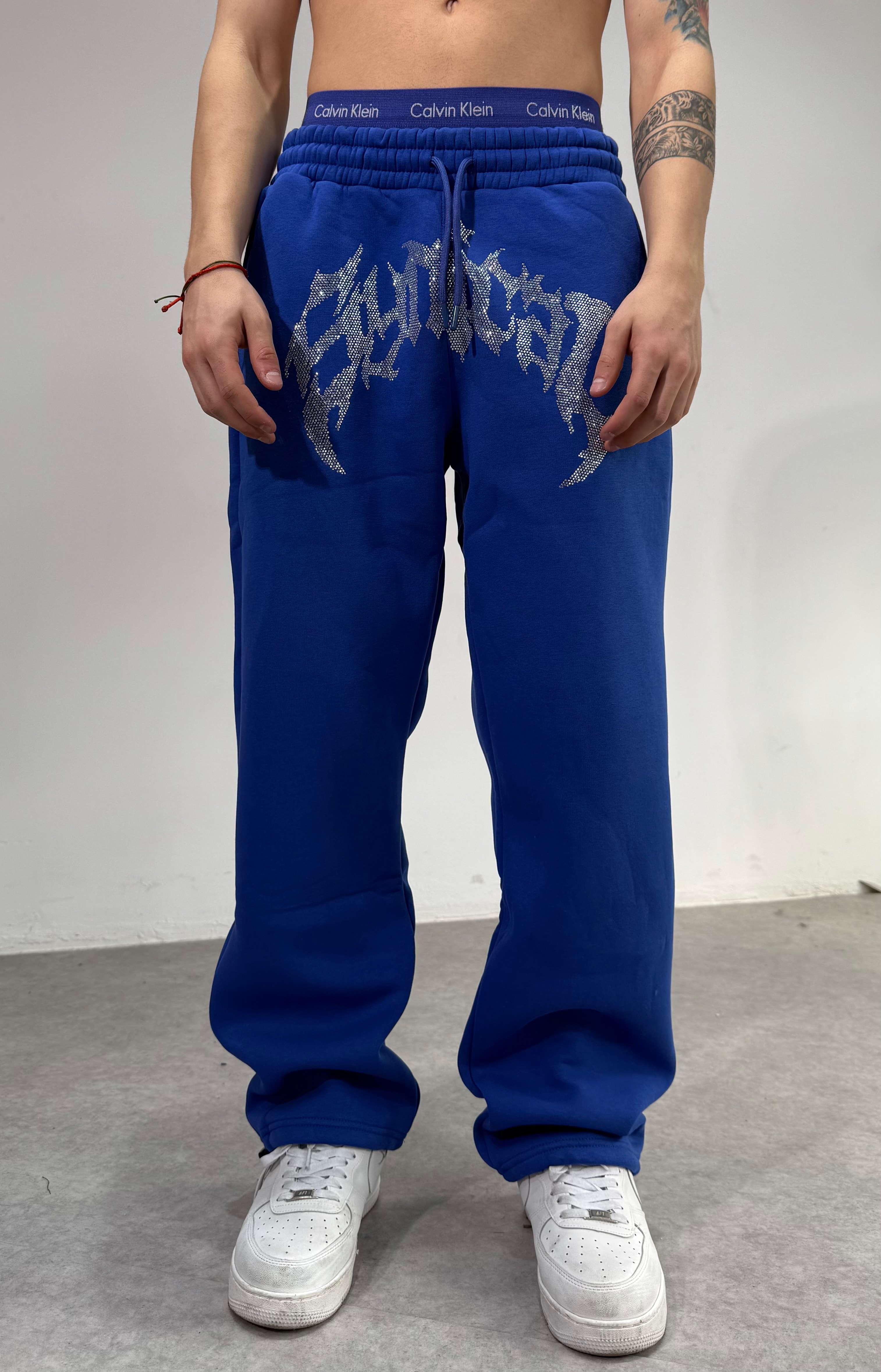 Taşlı Baggy Eşofman Kışlık Kumaş  - Mavi