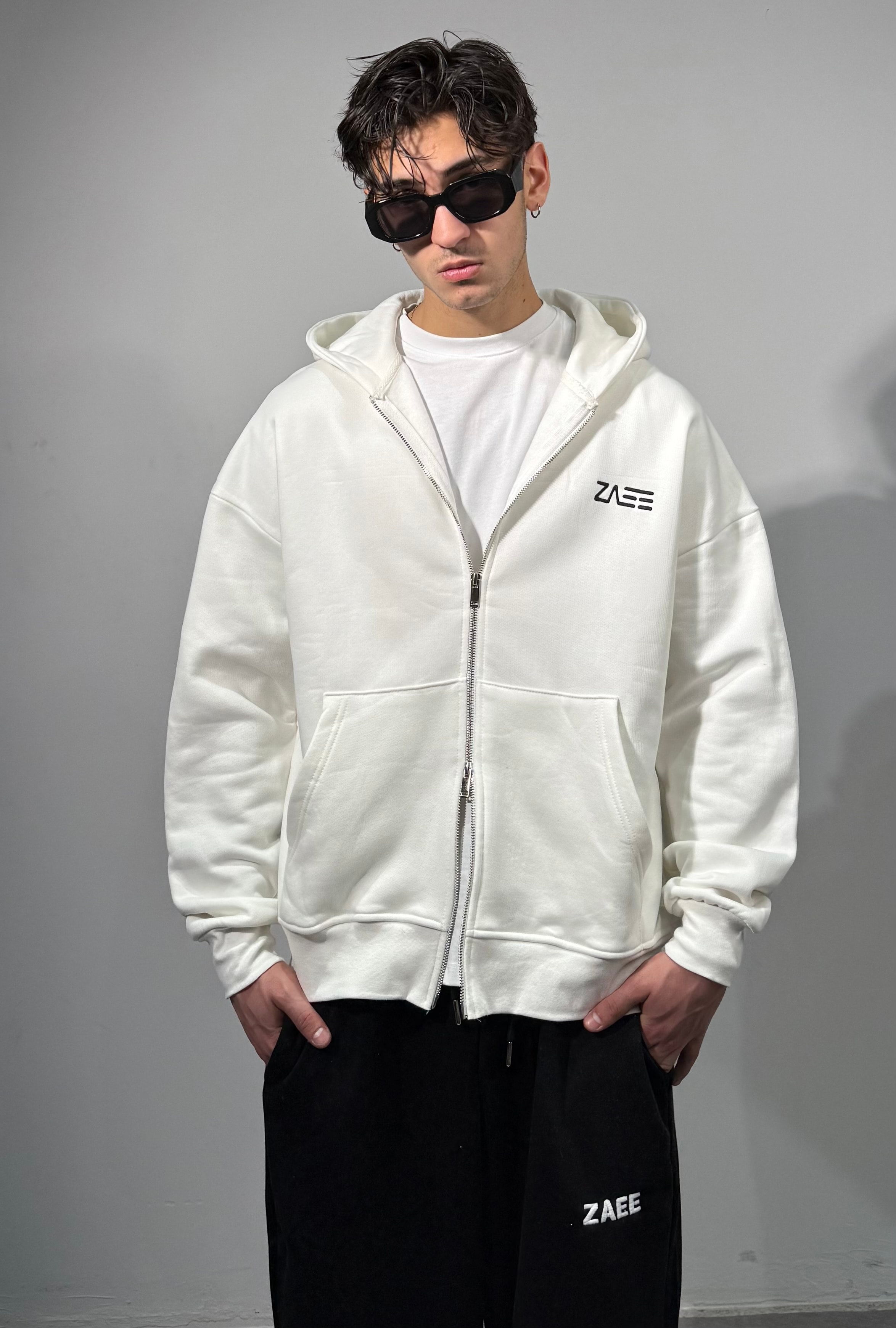 Özel ZAEE Logo Kışlık Double Zipp Oversize Hoodie - Beyaz