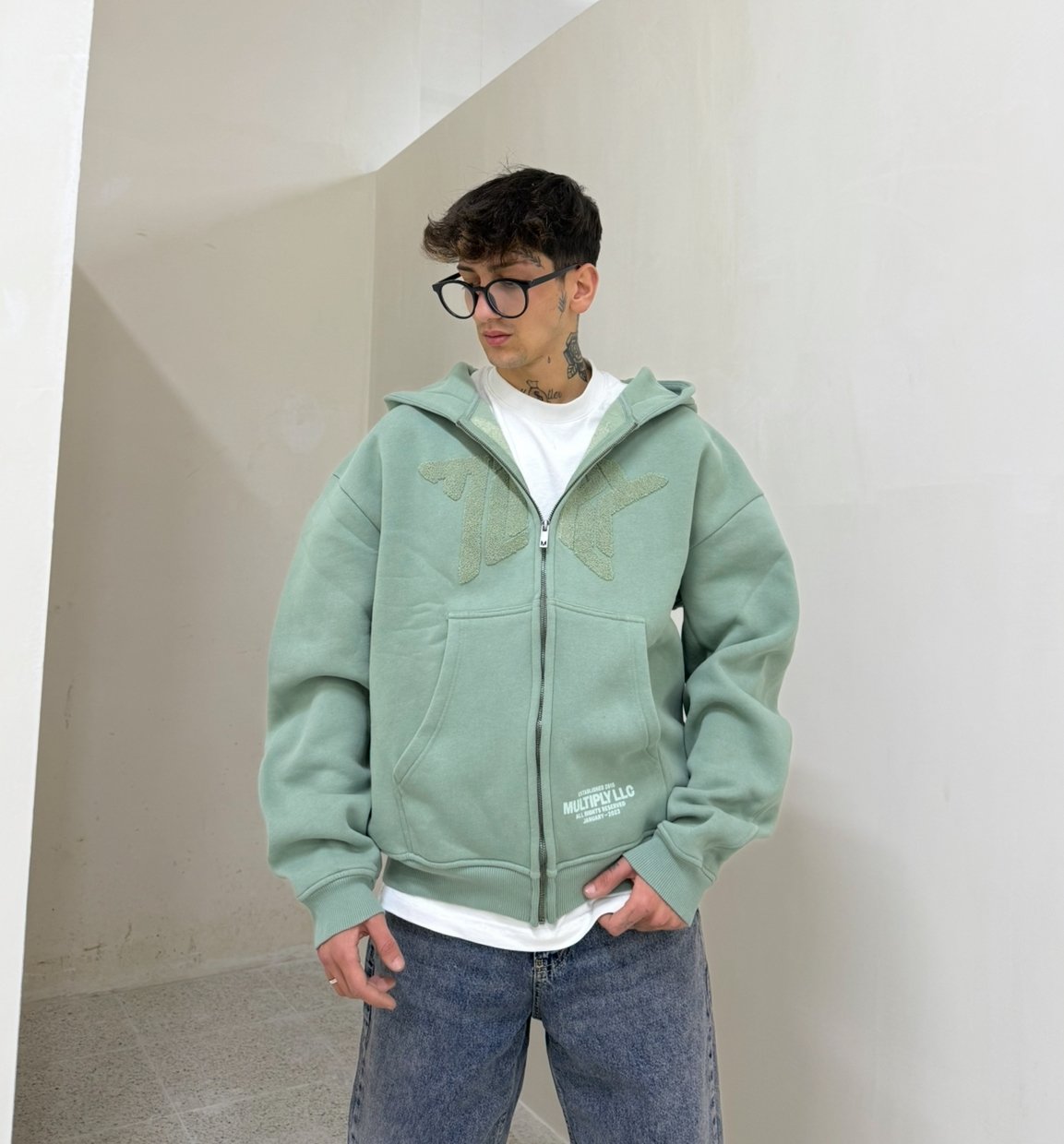 MLTPLY Nakış Detay Oversize Premium Zipp Hoodie - Su Yeşili