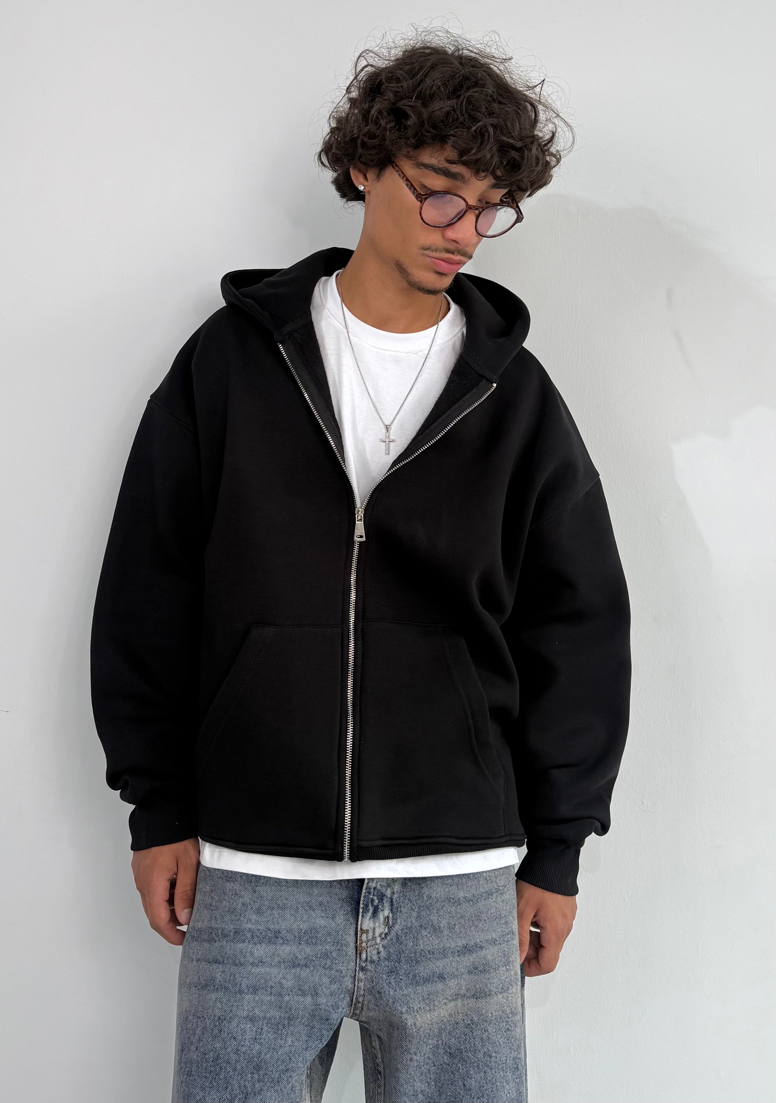 Kışlık Kumaş Oversize Premium Basic Fermuarlı Sweatshirt