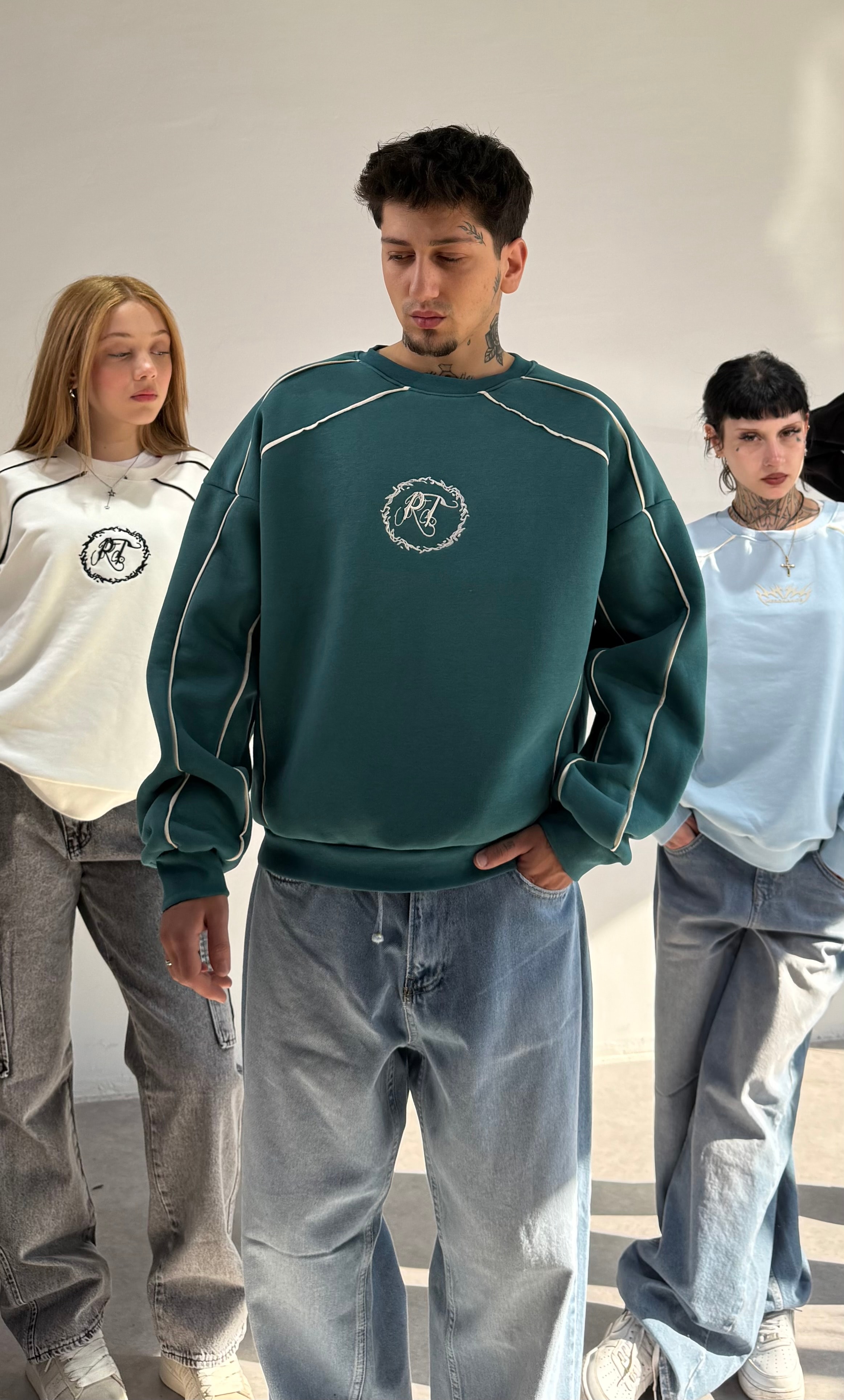 Biye Geçişli Oversize Premium Sweat  - yeşil