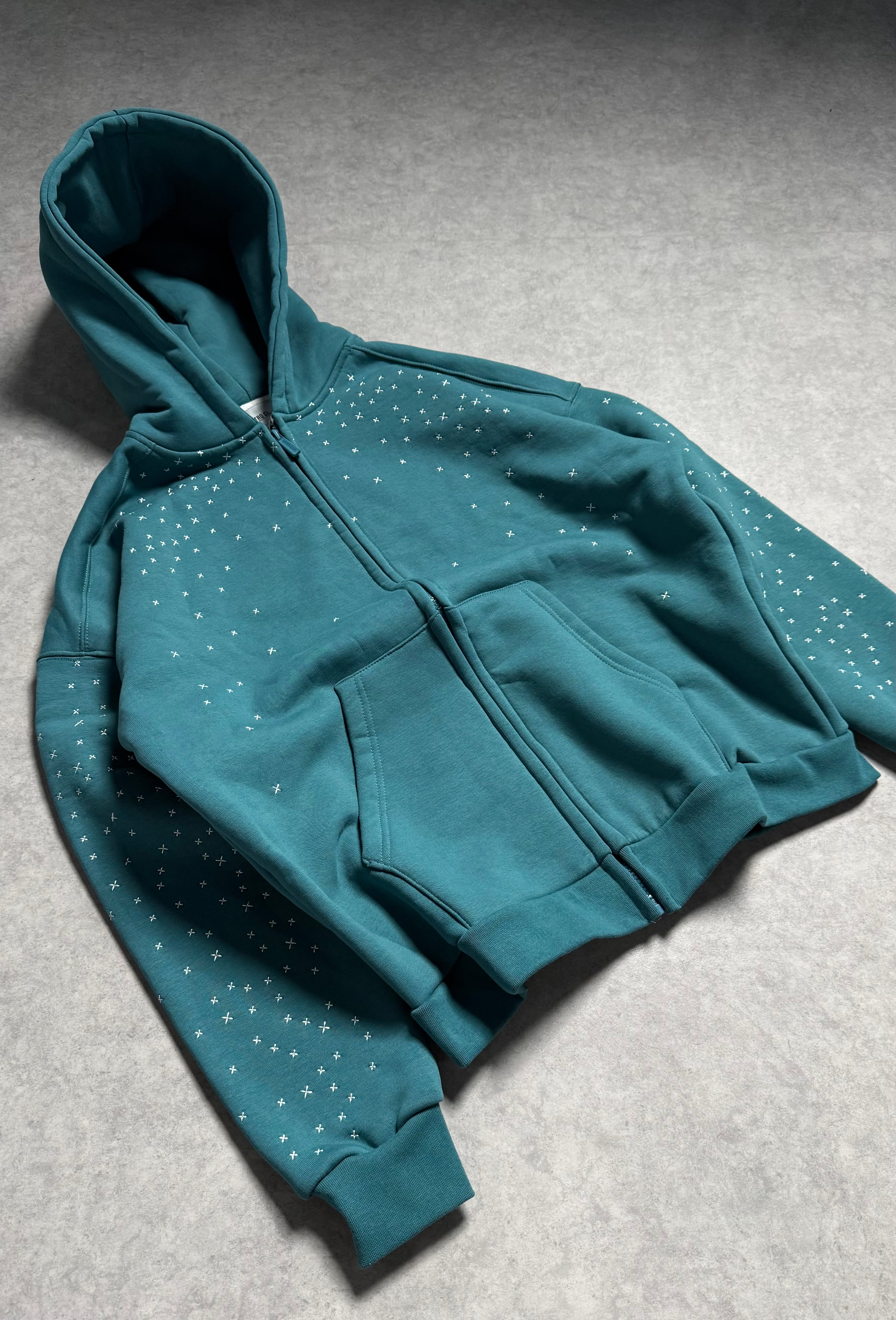 Yıldız Detay Oversize Premium Fermuarlı Hoodie - Su Yeşili