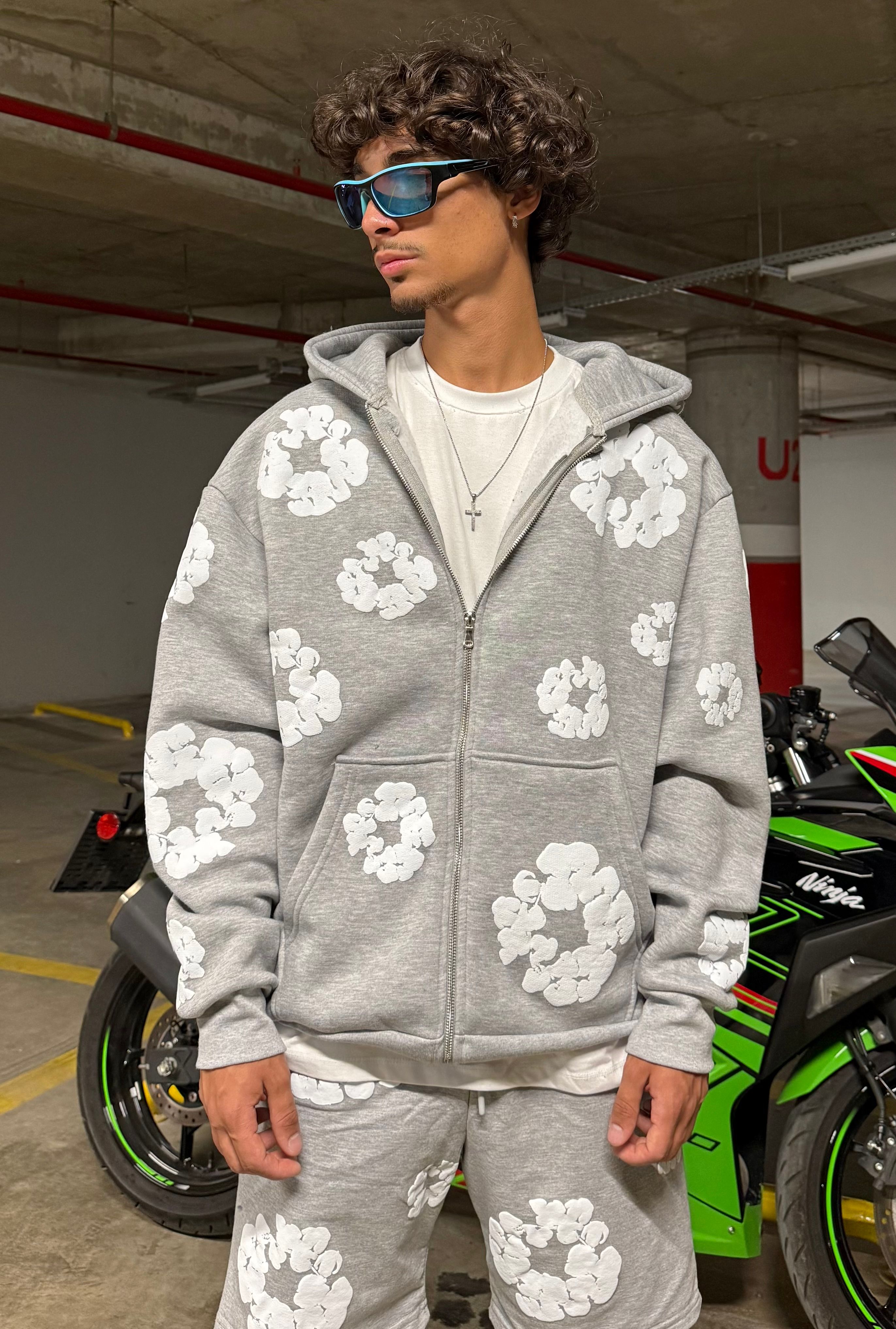 D. Tears Baskılı Oversize Zipp Hoodie - Gri