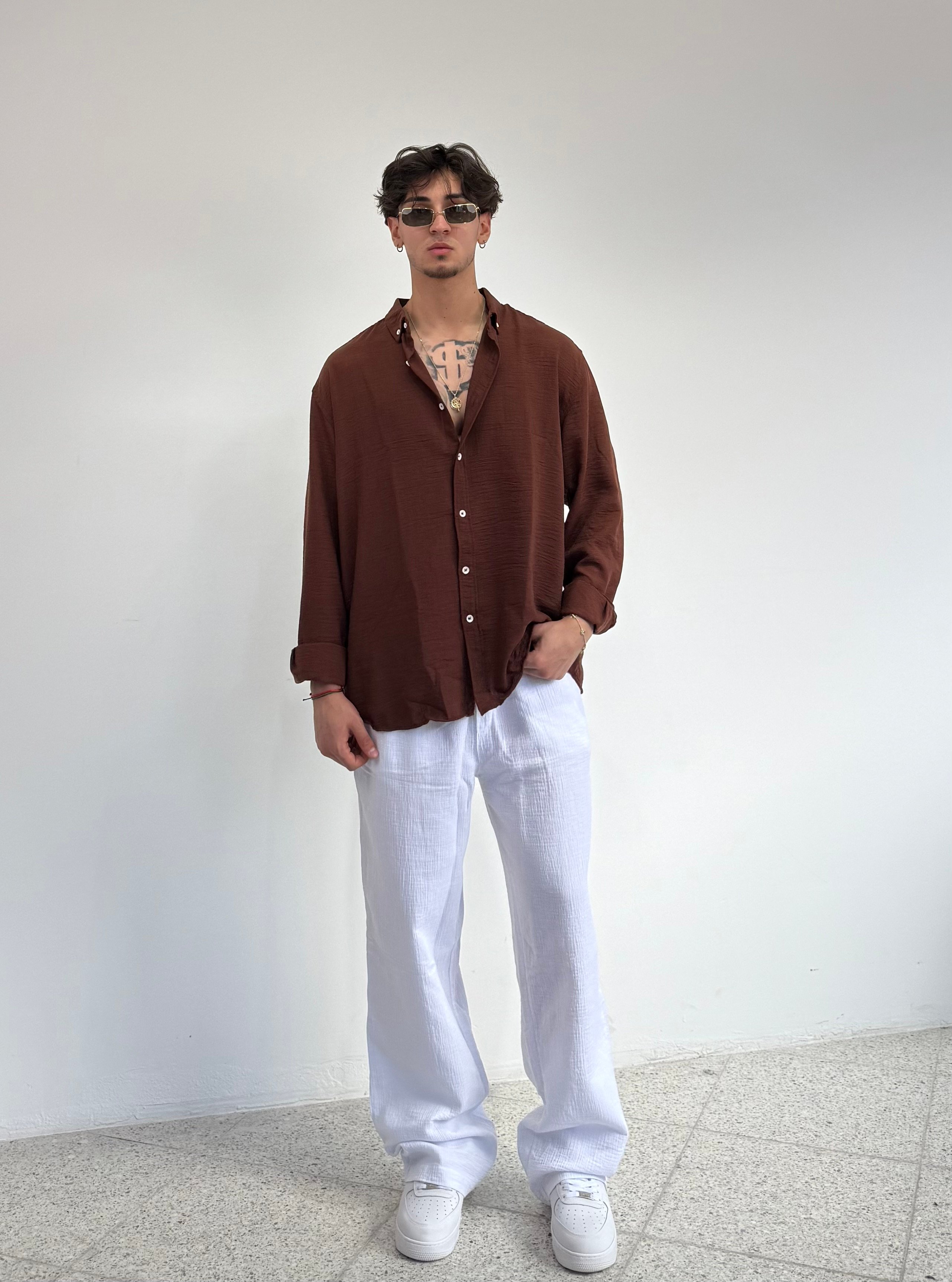 Oversize Keten Gömlek  - kahverengi