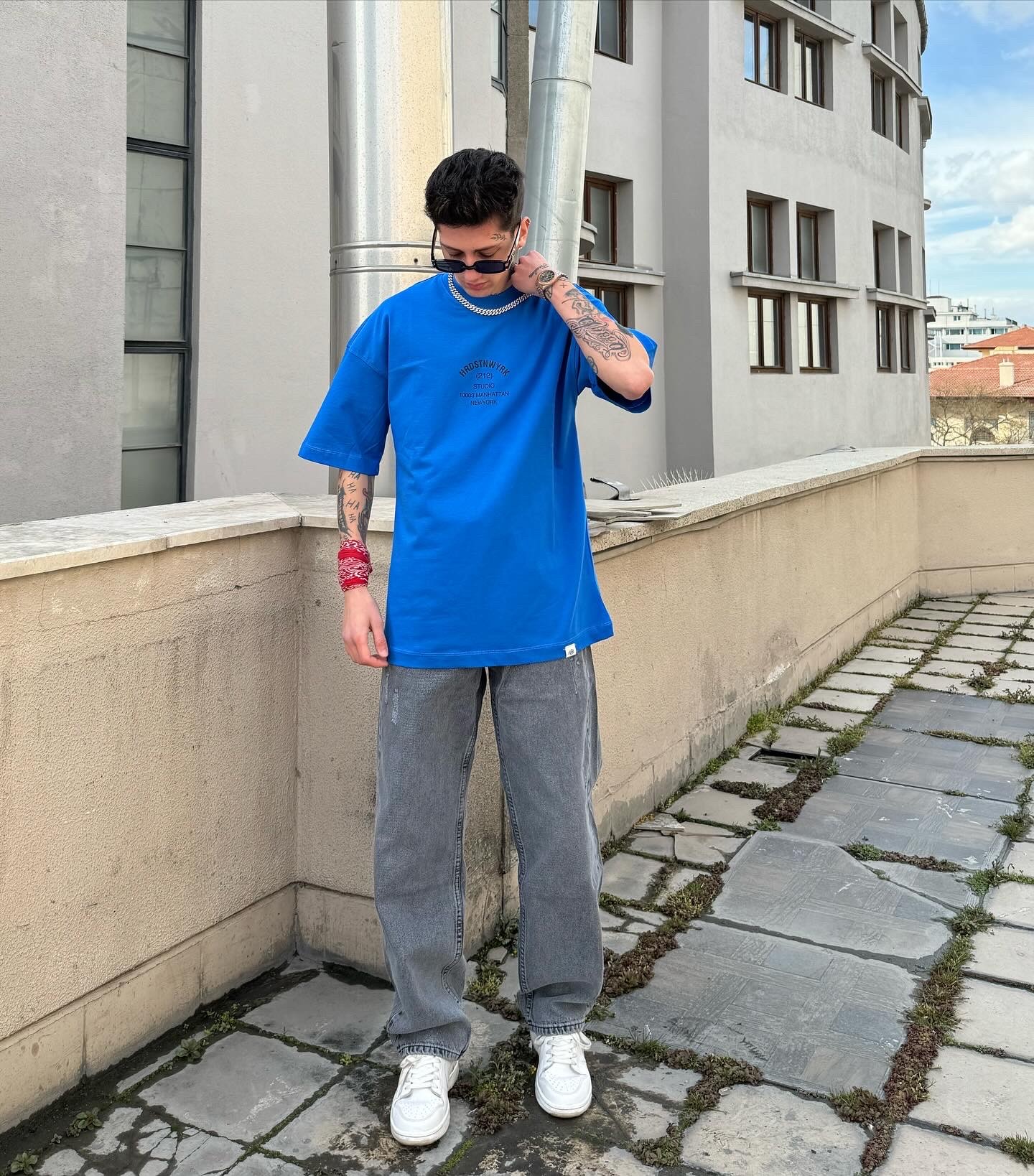 HRDSN New York  Baskılı Yüksek Kalite  Oversize Premium Mavi T-shirt