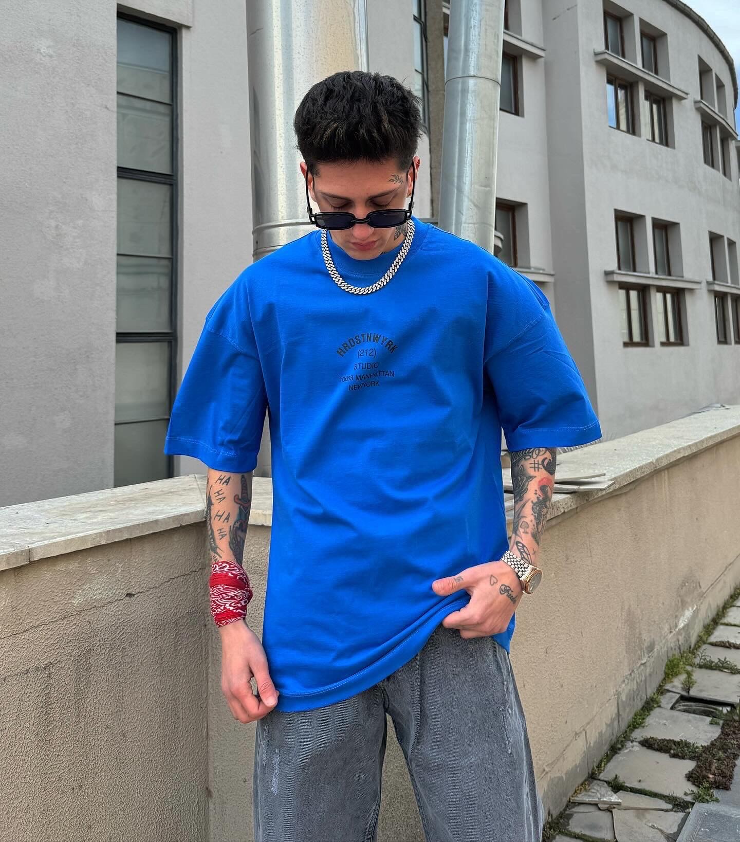 HRDSN New York  Baskılı Yüksek Kalite  Oversize Premium Mavi T-shirt