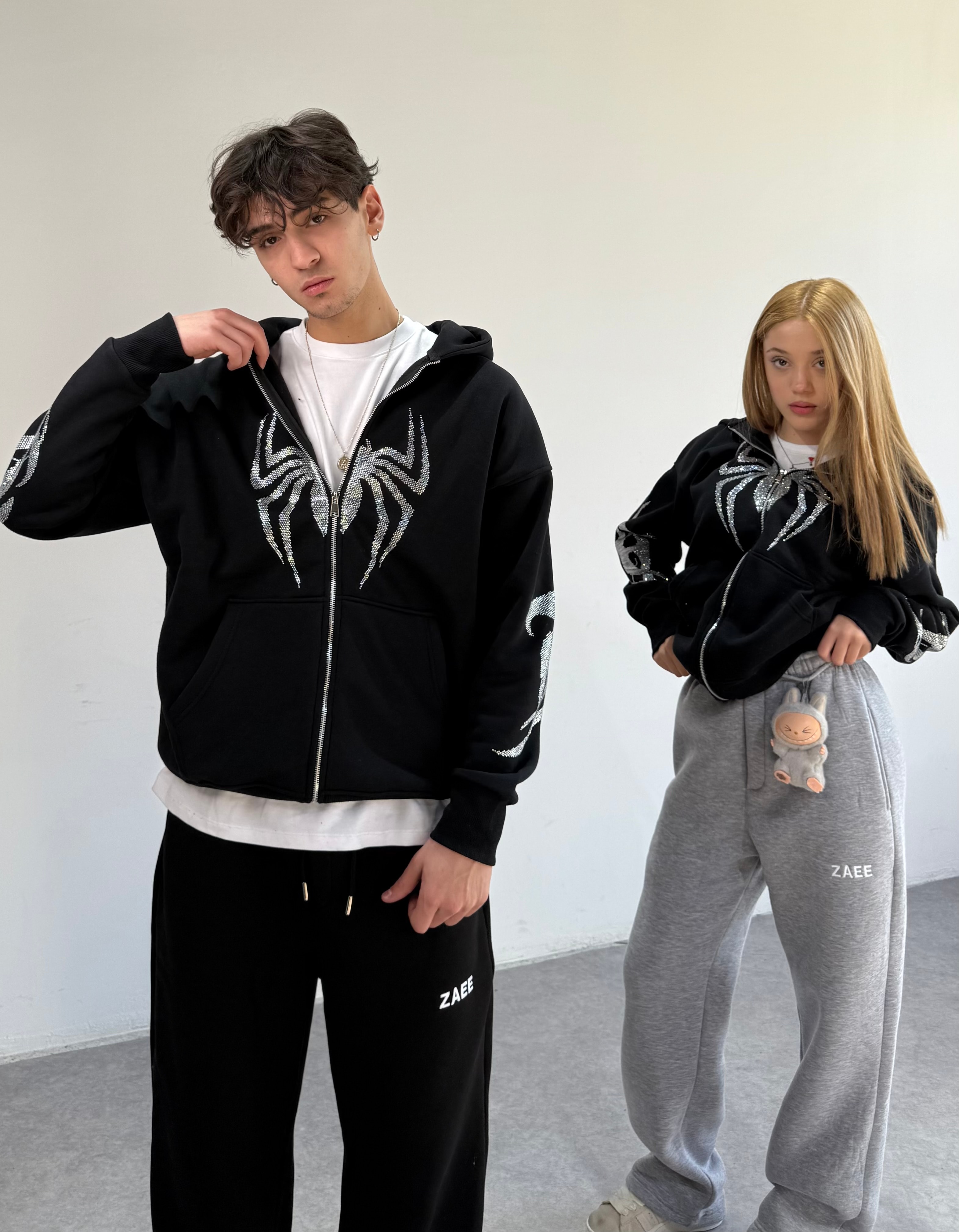 Spider Taşlı Oversize Fermuarlı Hırka