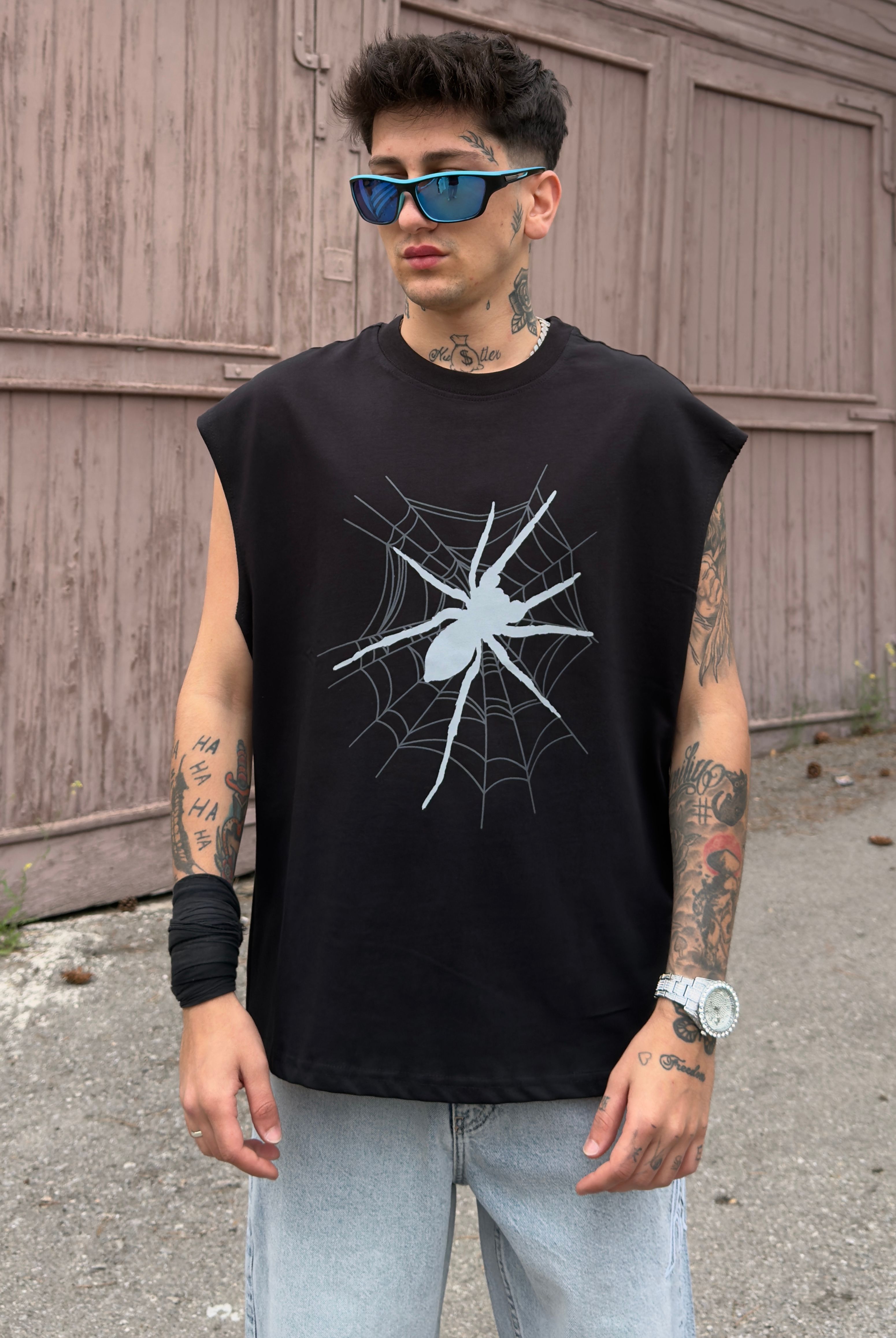 Spider Baskılı Sıfır Kol Oversize Tişört - Siyah