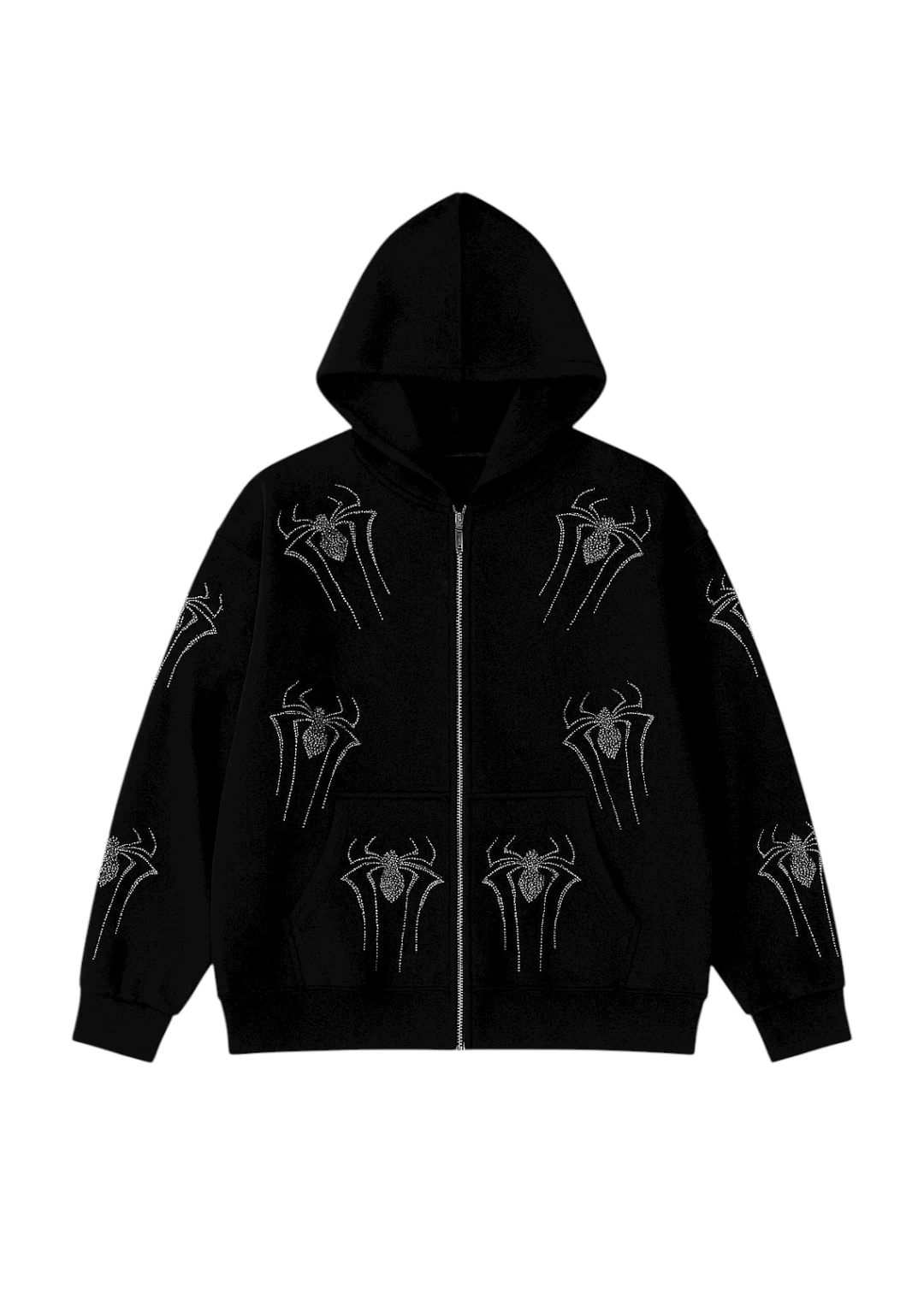 Özel Seri Spider Taşlı Oversize Zipp Hoodie - Siyah
