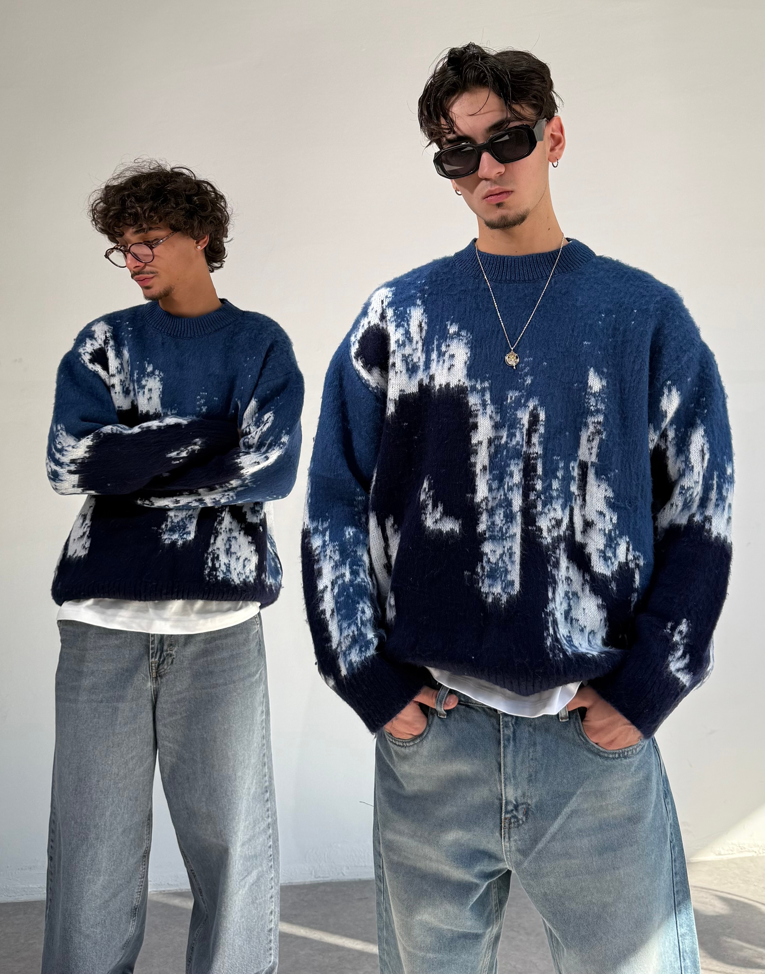 Desenli Oversize Premium Triko kazak  - Mavi
